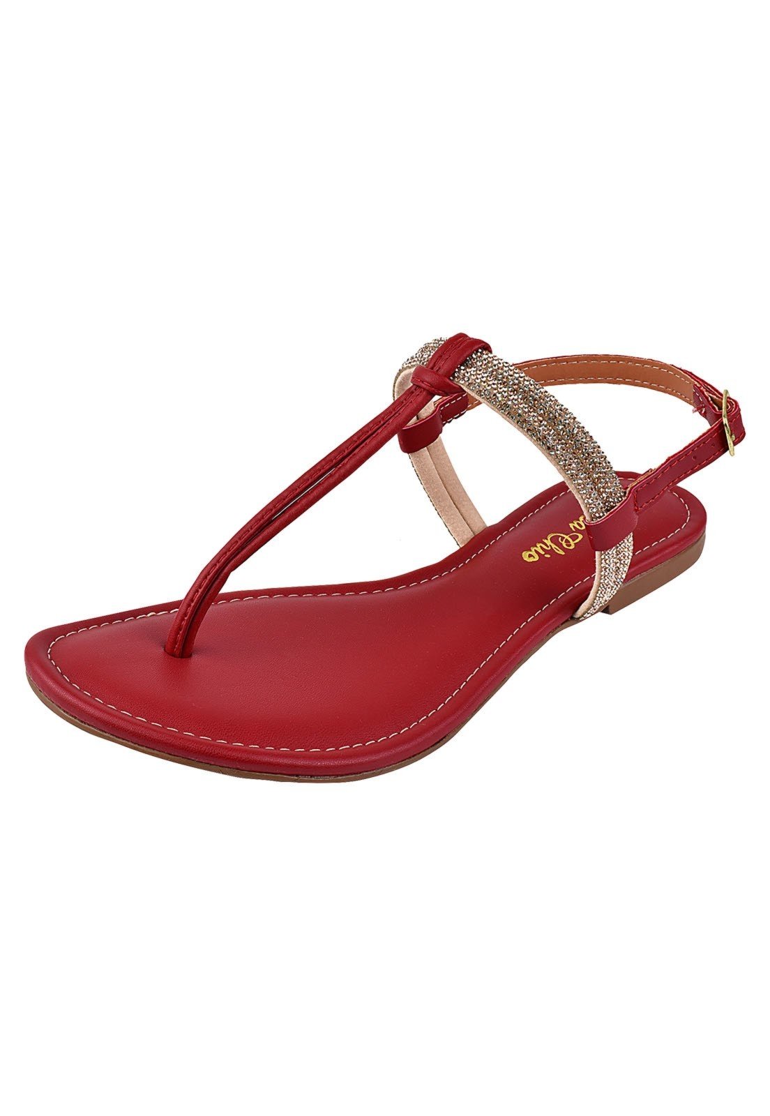 Rasteirinha Rosa Chic Calçados Sandália Feminina Flat Strass Brilho Vermelho