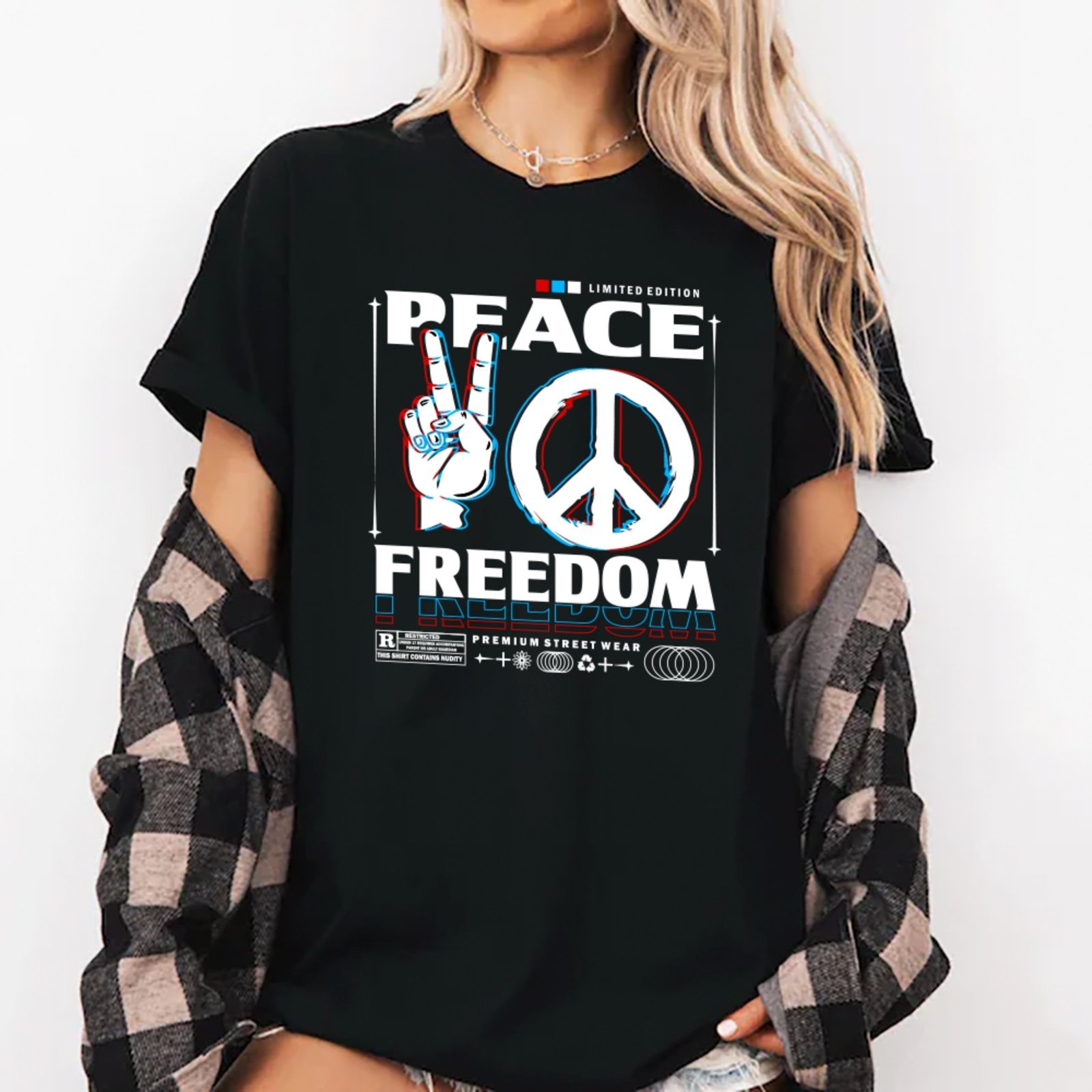 Vista 2 Camiseta Ousy Streetwear Peace Freedom Oversized Unissex preto ousy preto