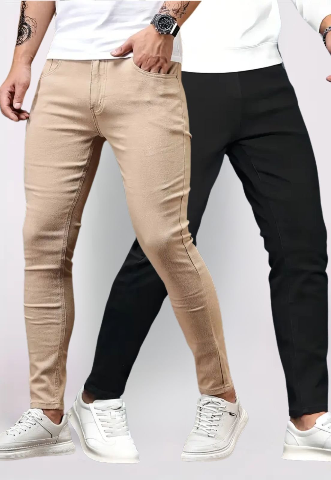 Kit 2 Calça Masculina Tempo Hábil Bege e Preto Sarja Corte Tradicional