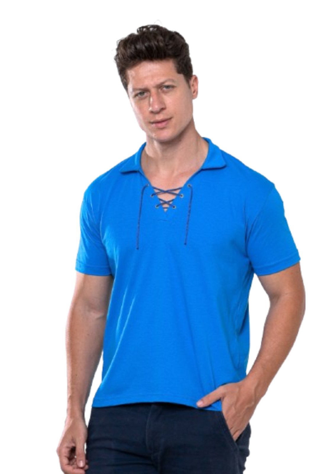 Camisa Camiseta Masculina Manga Curta Garais Moda 100% Algodão Gola Polo Com Ilhós e Cordão Moda Premium Azul