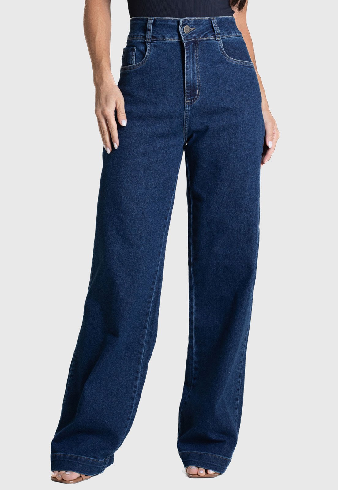 Calça Jeans Feminina Sawary Wide Leg Cintura Alta Azul Escuro
