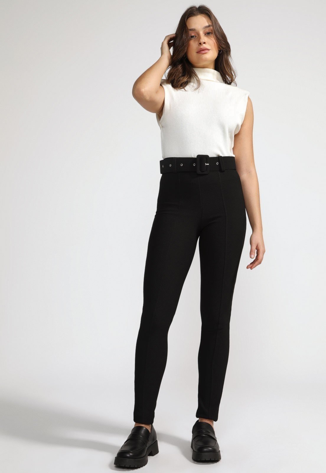 Calça Skinny D Bell Outlet Fashion Alfaiataria Cinto Preta