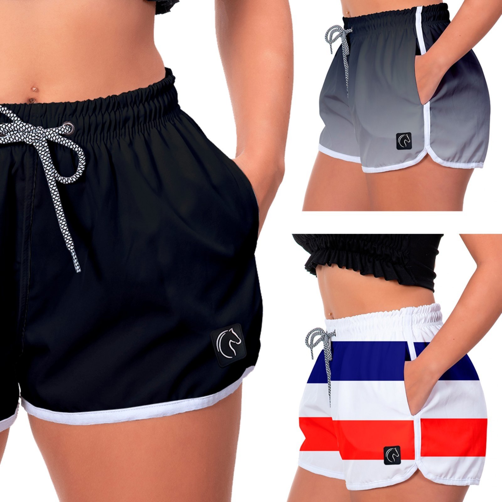 Kit 3 Shorts Feminino Premium Secagem Rápida com Elástico Cordão Ajustável e Bolsos Moda Praia Casual ou Treino Academia Preto, Degradê Preto e Branco Azul e Vermelho