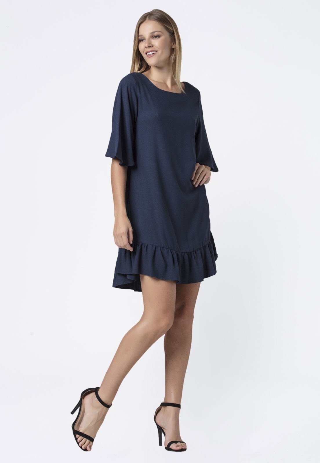 Vista 2 Vestido Curto Amazonia Vital Viscose Babados Amazonia Vital azul marinho