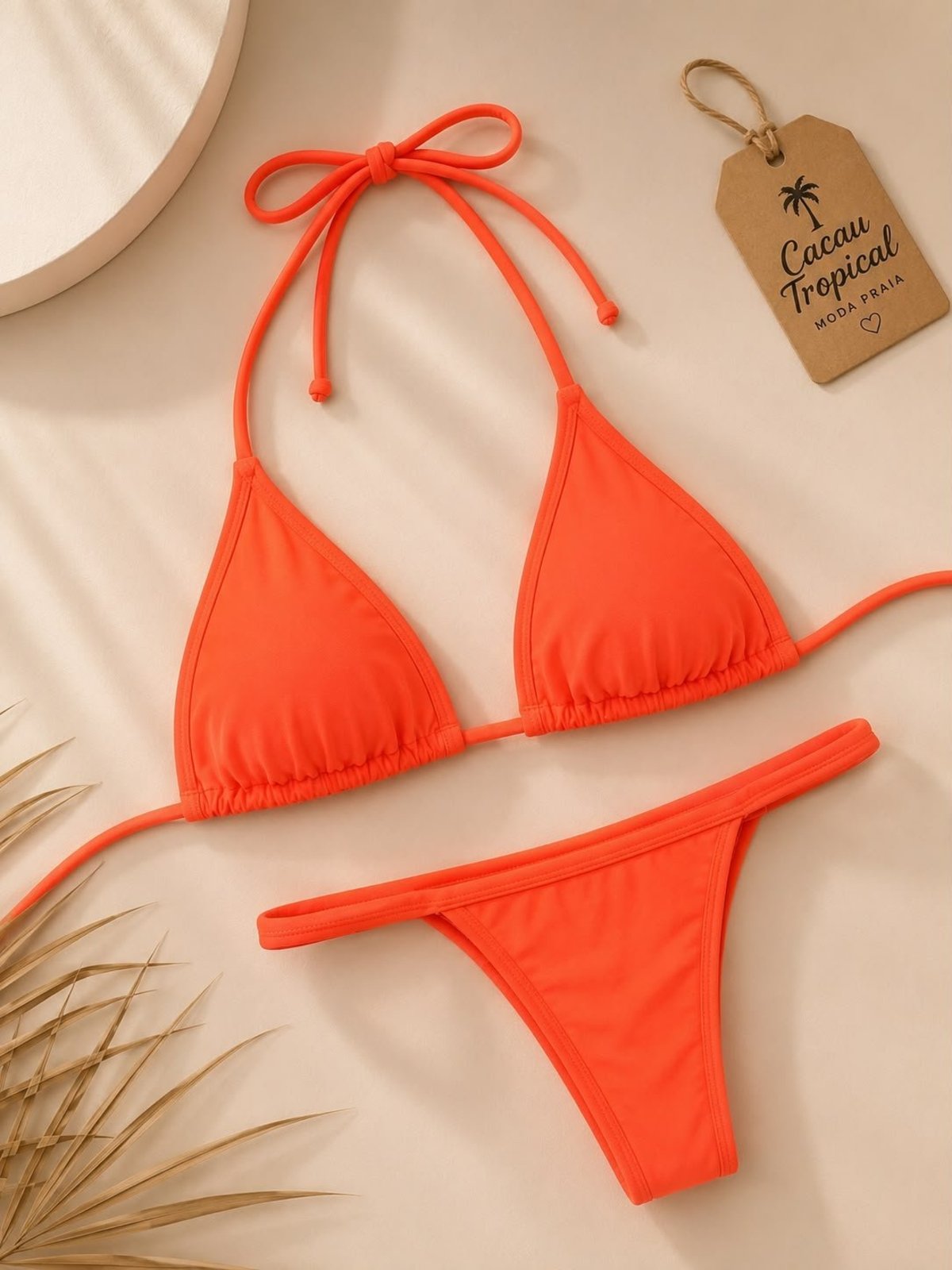 Biquíni Laranja Neon Feminino Cacau Tropical Top Cortininha com Calcinha Fita para Bronzeamento Moda Praia