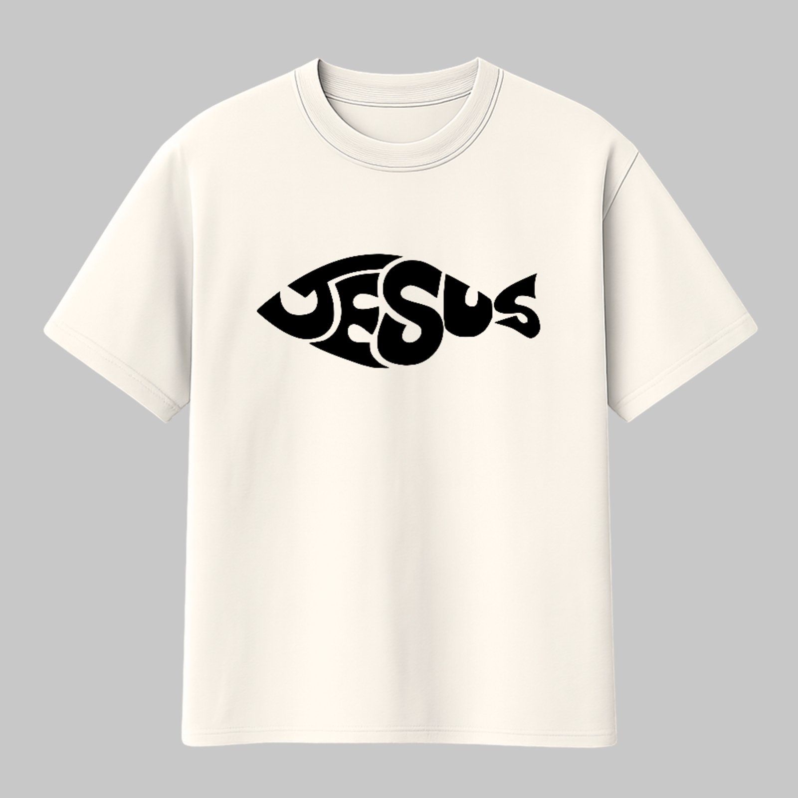 Camiseta Básica Jesus Peixe Cristão Símbolo Fé Minimalista Off White