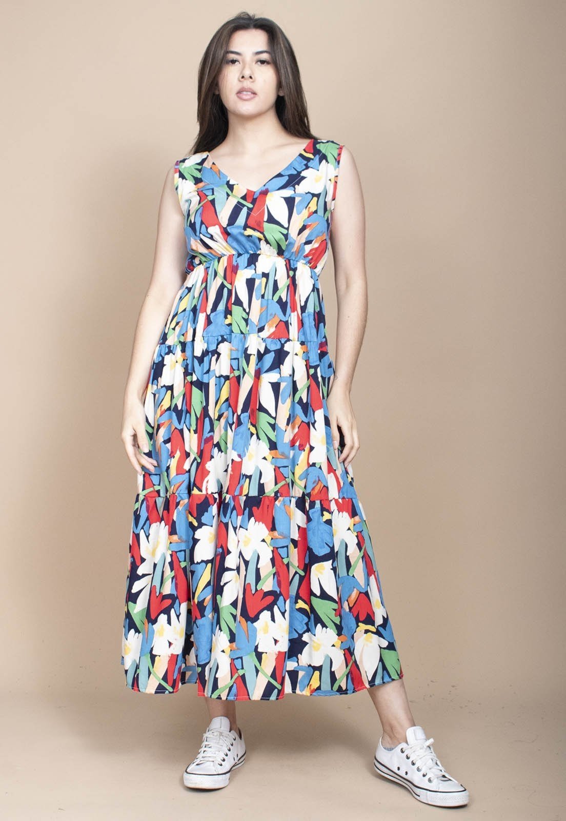 Vista 2 Vestido Cabanafree Regata Longo Peri Viscose Camadas Estampa Floresce Cabanafree estampado/preto/verde/vermelho