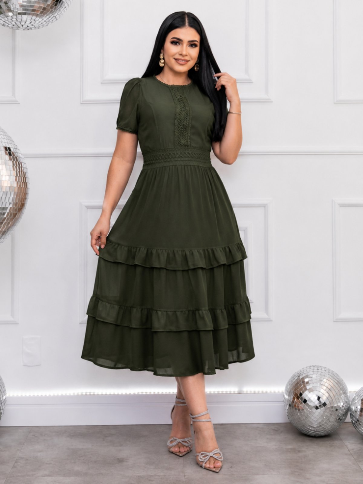 Vestido Midi de Festa Casamento Madrinha Delicado Manga Curta Soltinho Moda Evangélica Verde Militar