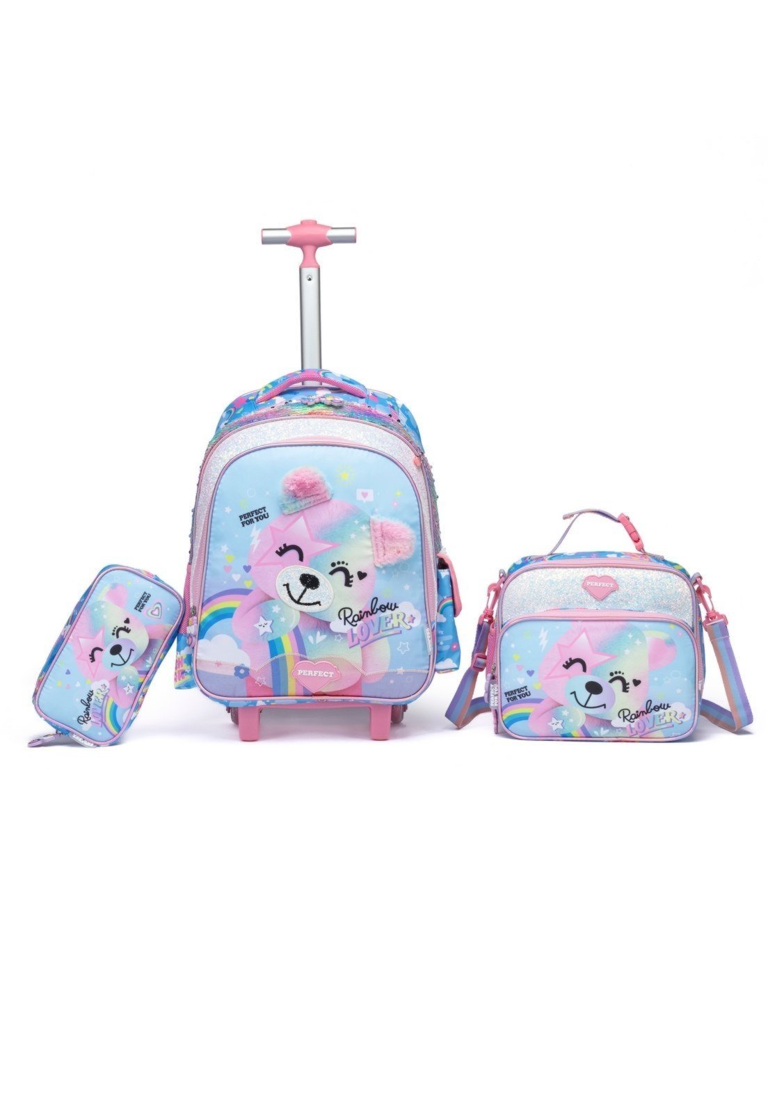 Vista 2 Infantil - Kit Escolar Mochila Rodinhas Lancheira Estojo Feminina Perfect For You azul/rosa Perfect For You azul/rosa