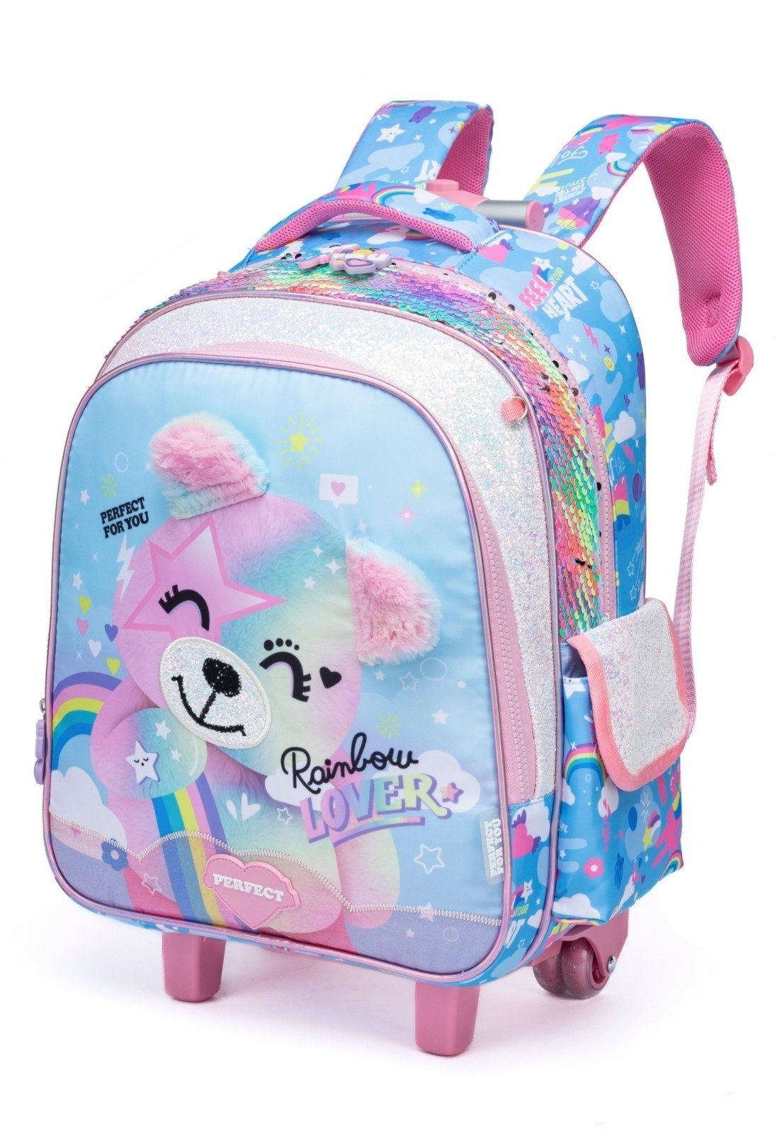 Vista 3 Infantil - Kit Escolar Mochila Rodinhas Lancheira Estojo Feminina Perfect For You azul/rosa Perfect For You azul/rosa