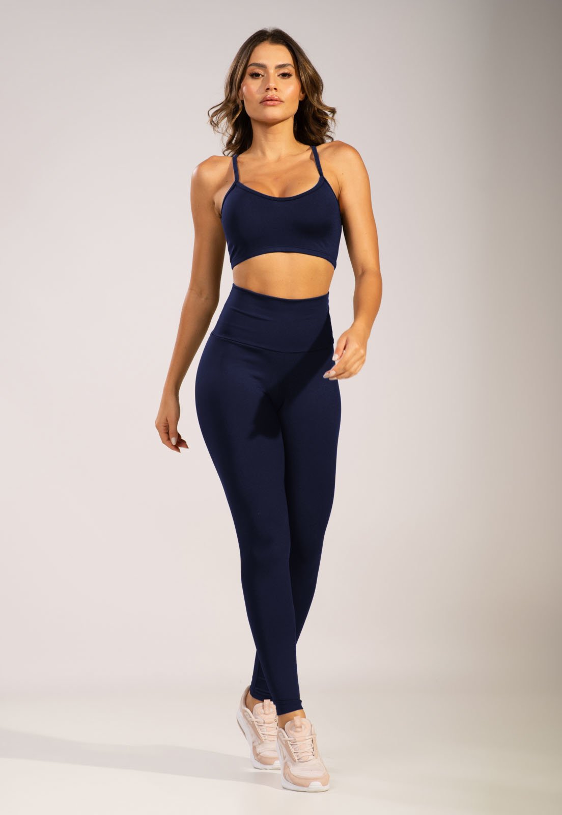Conjunto Top e Calça Fitness WLS Modas Alça Fina Nadador Cintura Alta Marinho