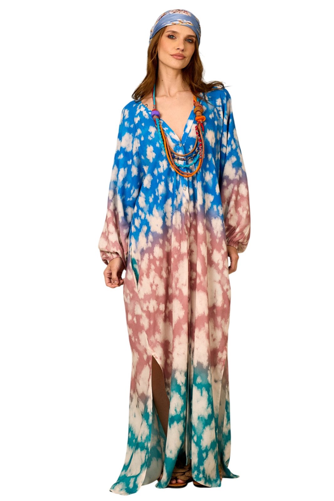 Chemise Longa Ampla Azul Rosê E Verde Degradê Yacamim N5 – Estampado