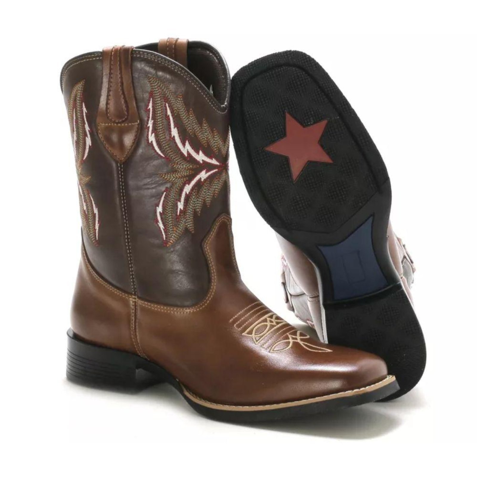 Bota Texana Masculina Couro Look Stock Bordada e Confortável Caramelo