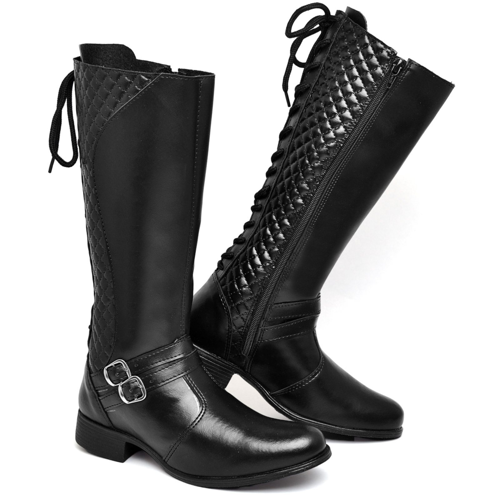 Bota Feminina Estilosa Cano Longo em Sintético de Amarração Preta Polo Blu do 33 ao 40