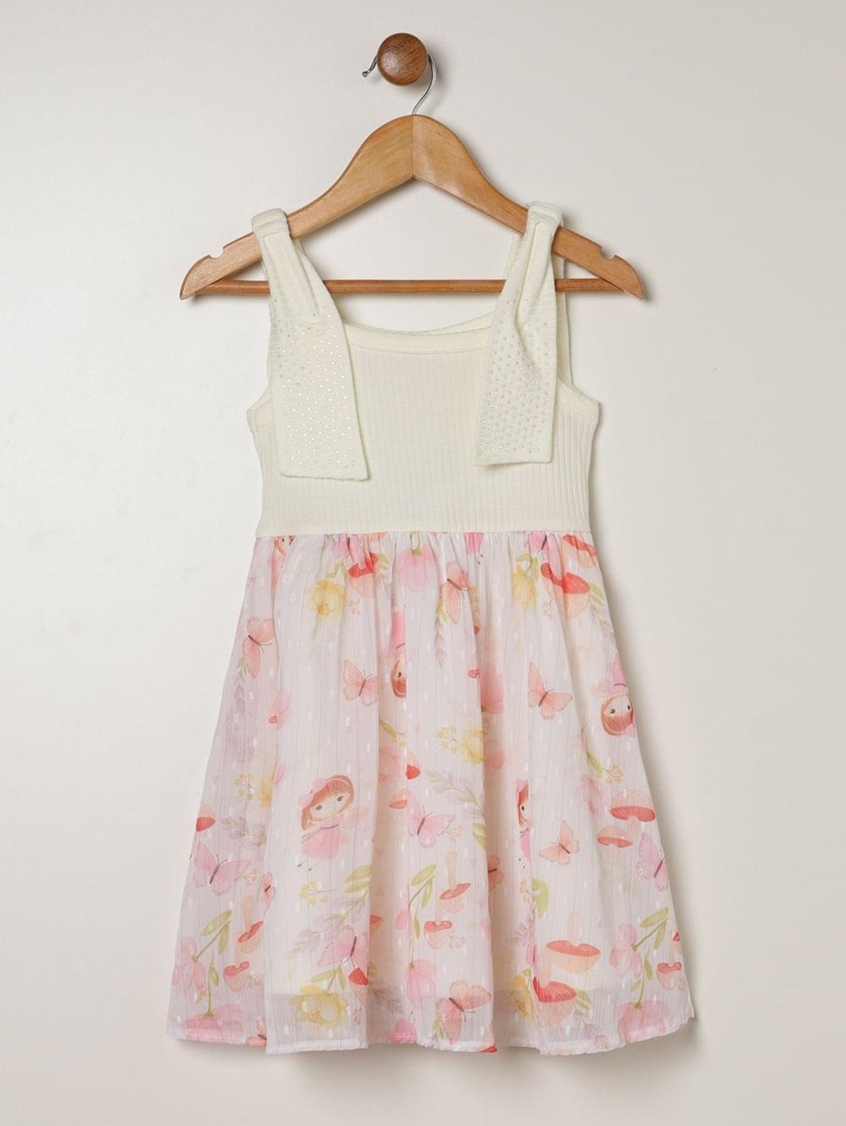 Vestido Canelado Com Tule Para Menina- OFF WHITE