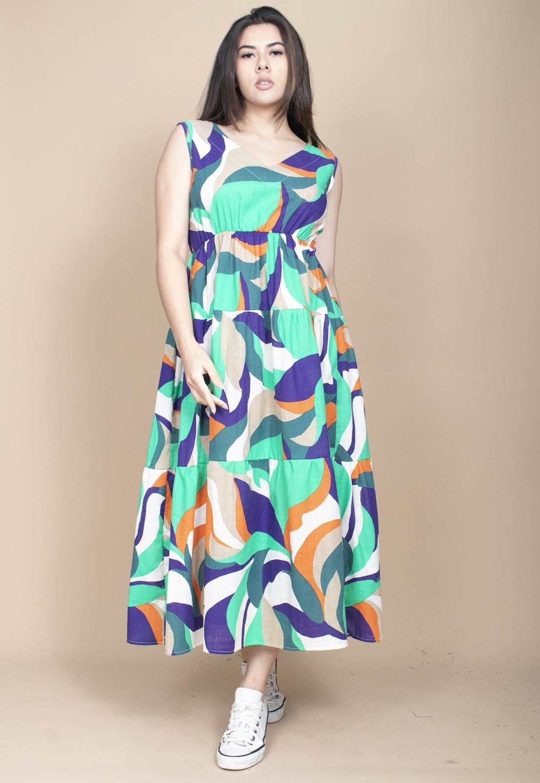 Vestido Cabanafree Regata Longo Peri Viscose Camadas Estampa Brisa do Mar