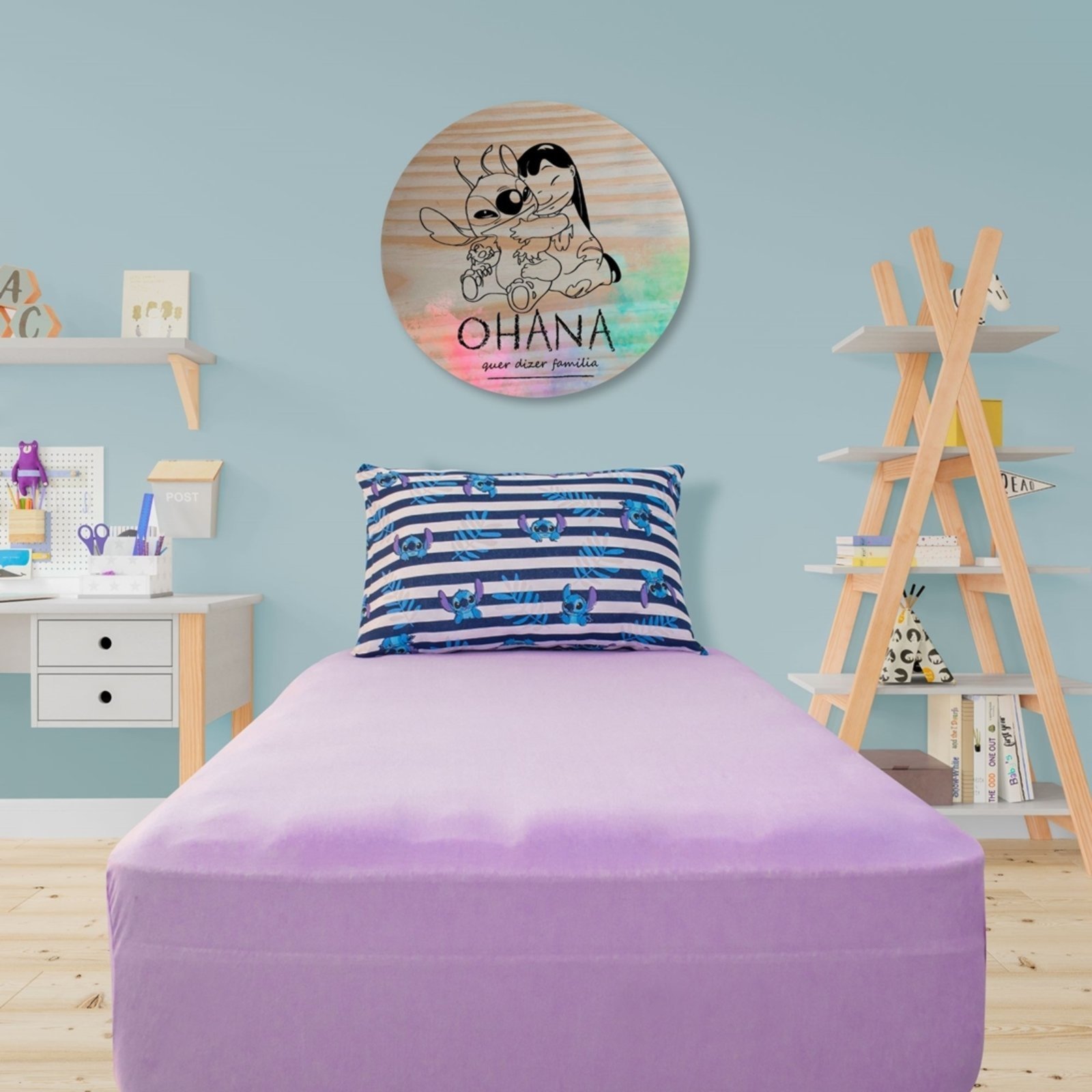 Jogo de lençol Solteiro Malha Doce Vida Disney 2 peças Stitch Listras/Lavanda
