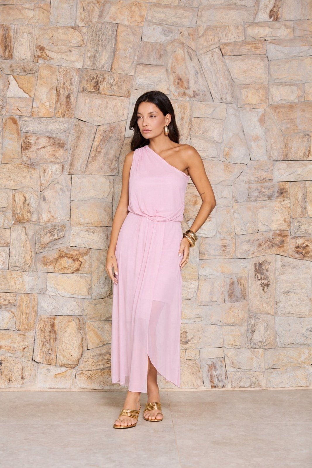 Vestido Vanibele Tule Unico Ombro Rosa