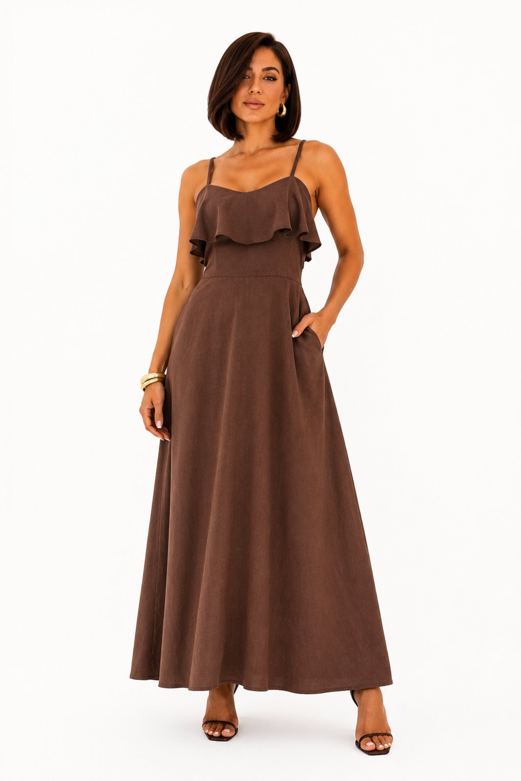 Vestido Alcinha Longo D Bell Outlet Com Babado Marrom
