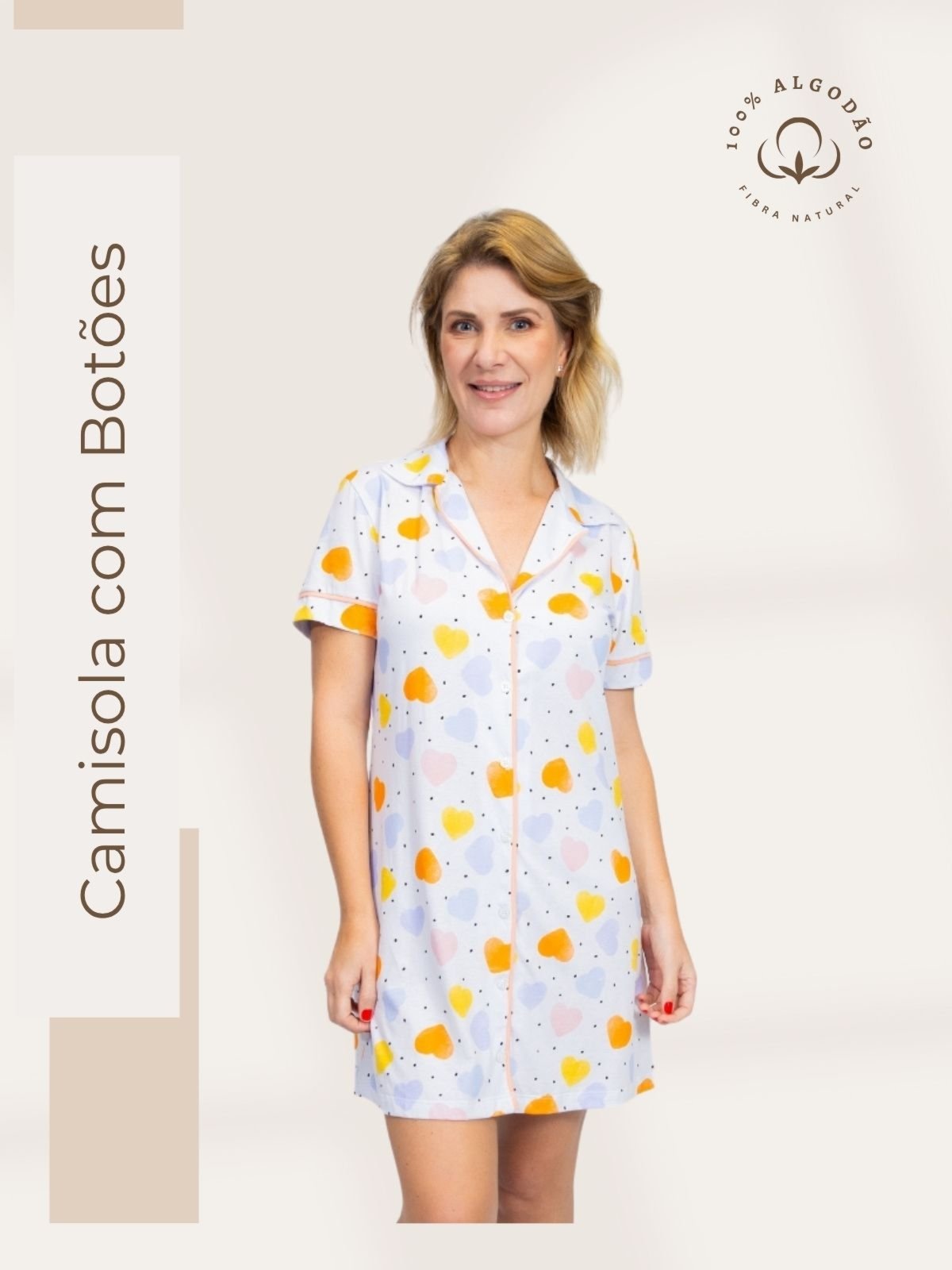 Camisola Piante Algodão Americana Feminina Manga Curta Corações Coloridos