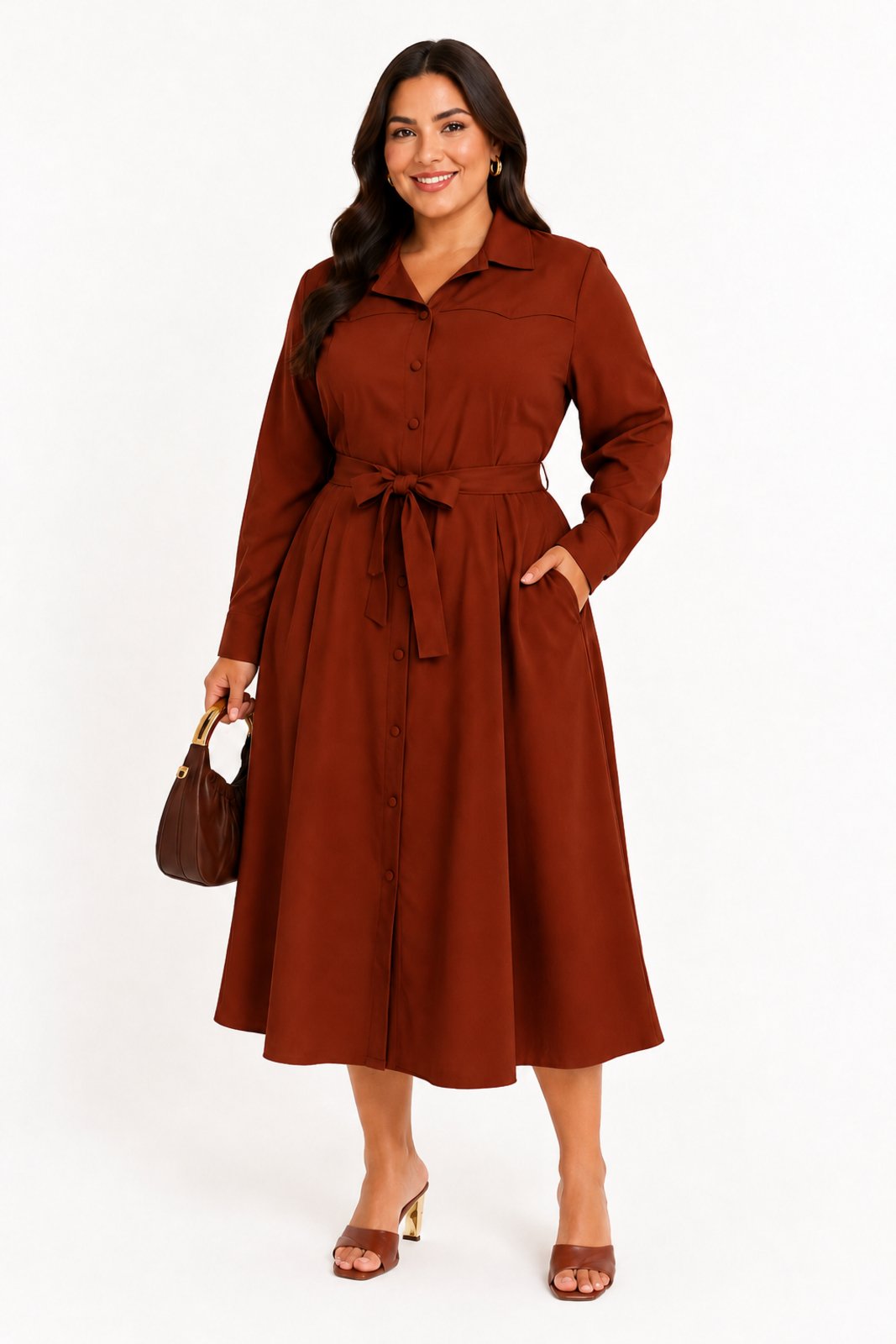 Vestido Midi D Bell Outlet Fashion Chemise Plus Botões Ferrugem