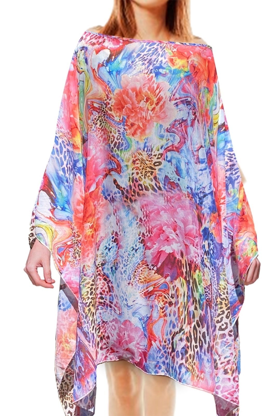 Vestido Kaftan Saída Amplo Crepe Semitransparente Onça Flor Rosa Azul