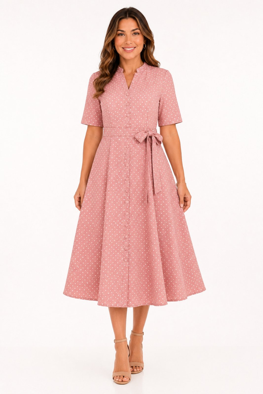 Vestido Midi D Bell Outlet Fashion Poá Viscolinho Rosê