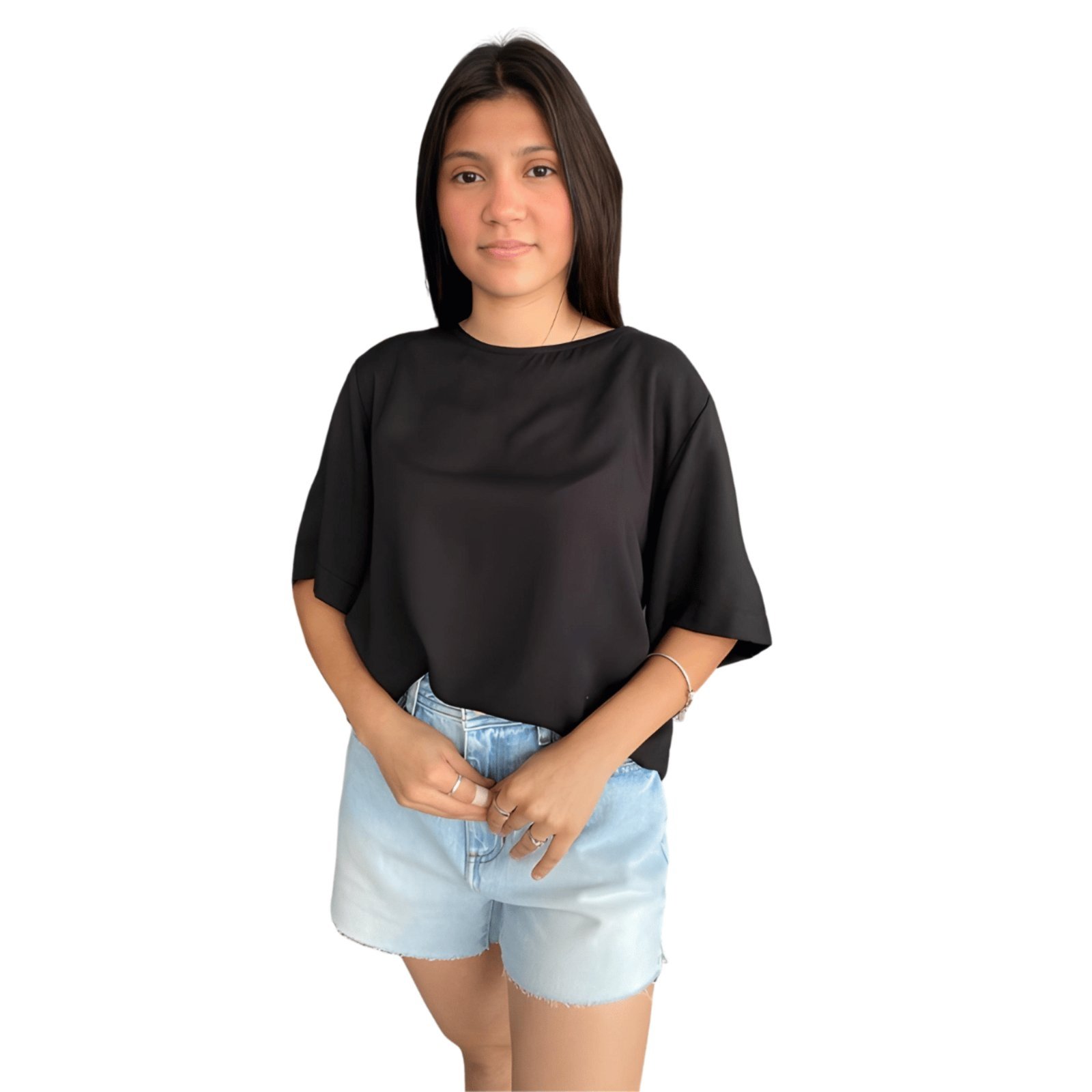 Vista 2 Blusa Feminina Solta Lisa Flor de Lis preto Flor de Lis preto