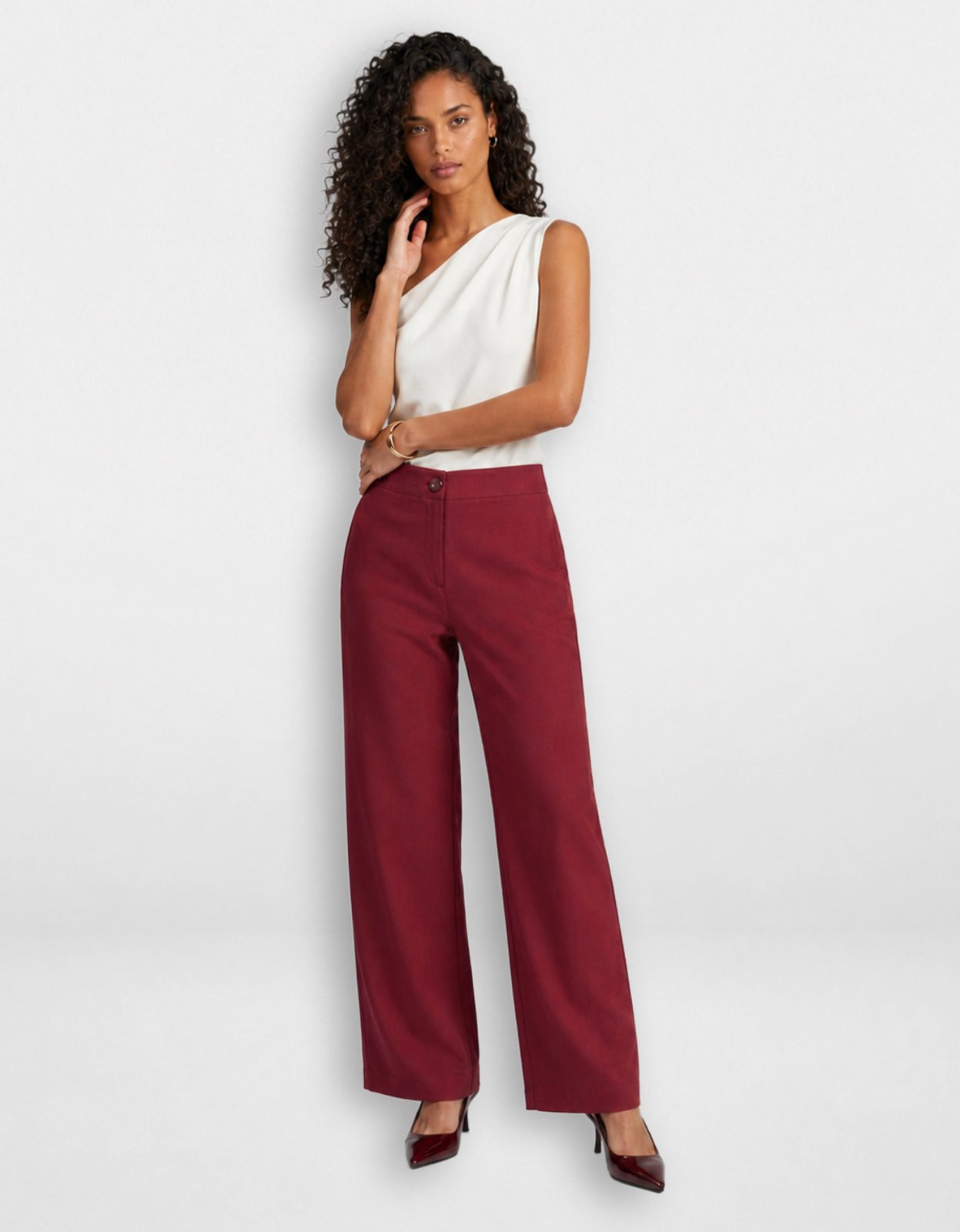 Calça Pantalona Feminina Pompier Alfaiataria em Linen Rústico Bordô