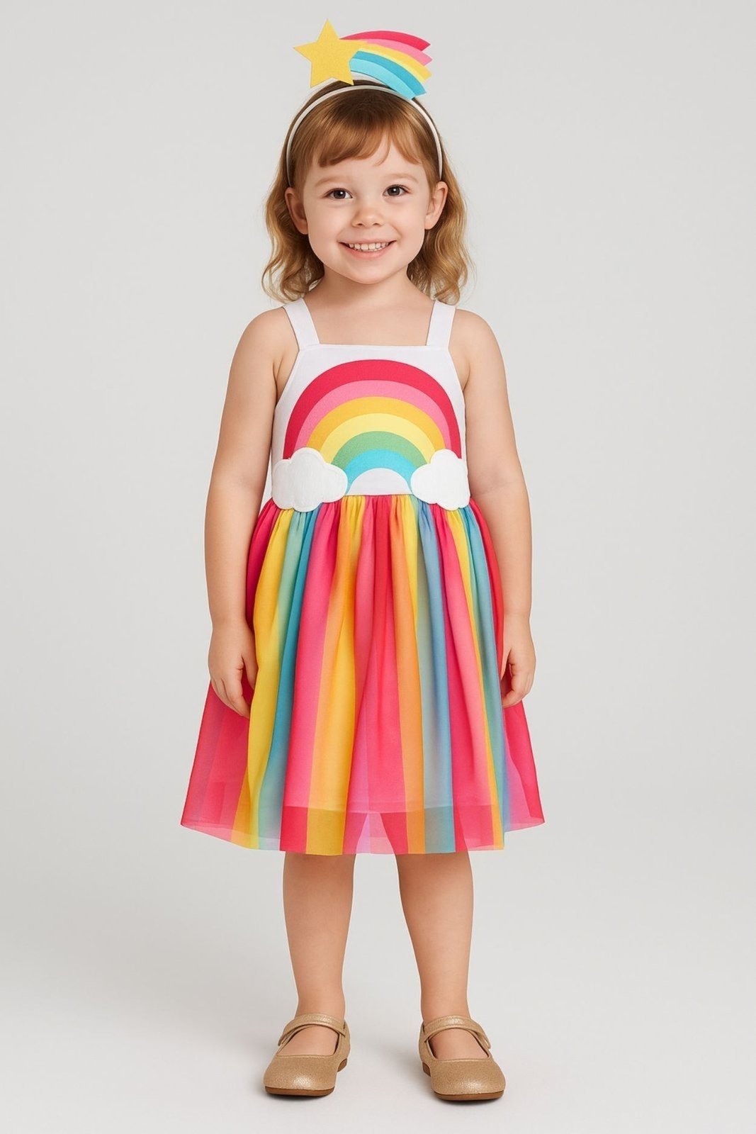 Infantil – Vestido Bem Vestir Fantasia Arco-Íris Com Tiara Branco