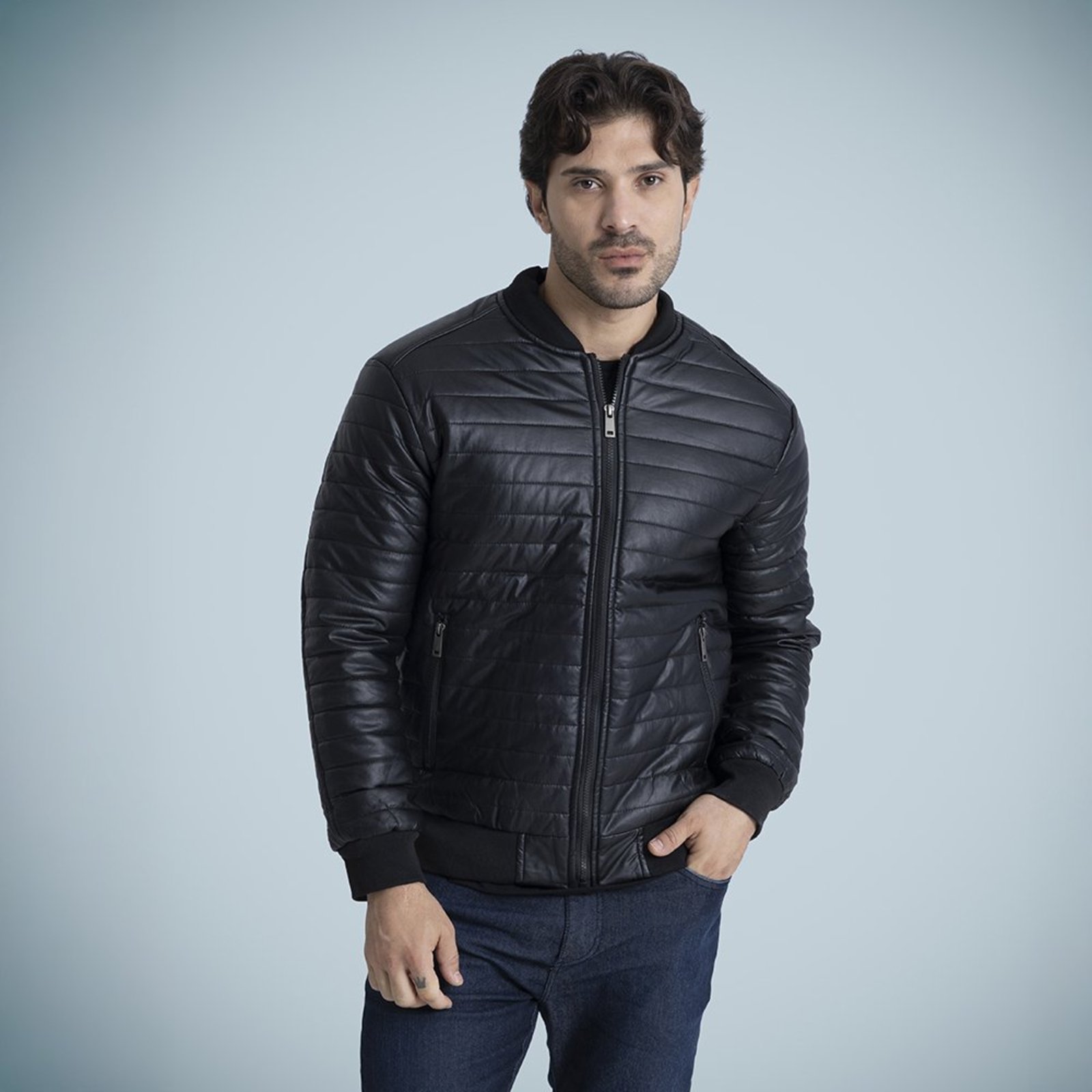 Jaqueta PU Masculina Sem Capuz Preto