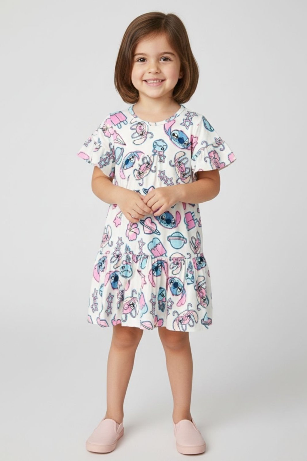 Vista 2 Infantil - Vestido Disney Feminino Stich Off White off-white white Disney off-white white