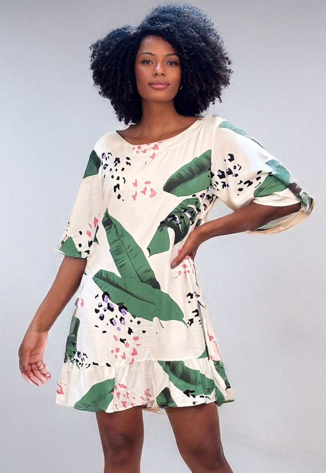 Vestido Amazonia Vital Curto Viscose Estampa Folhagem Poética