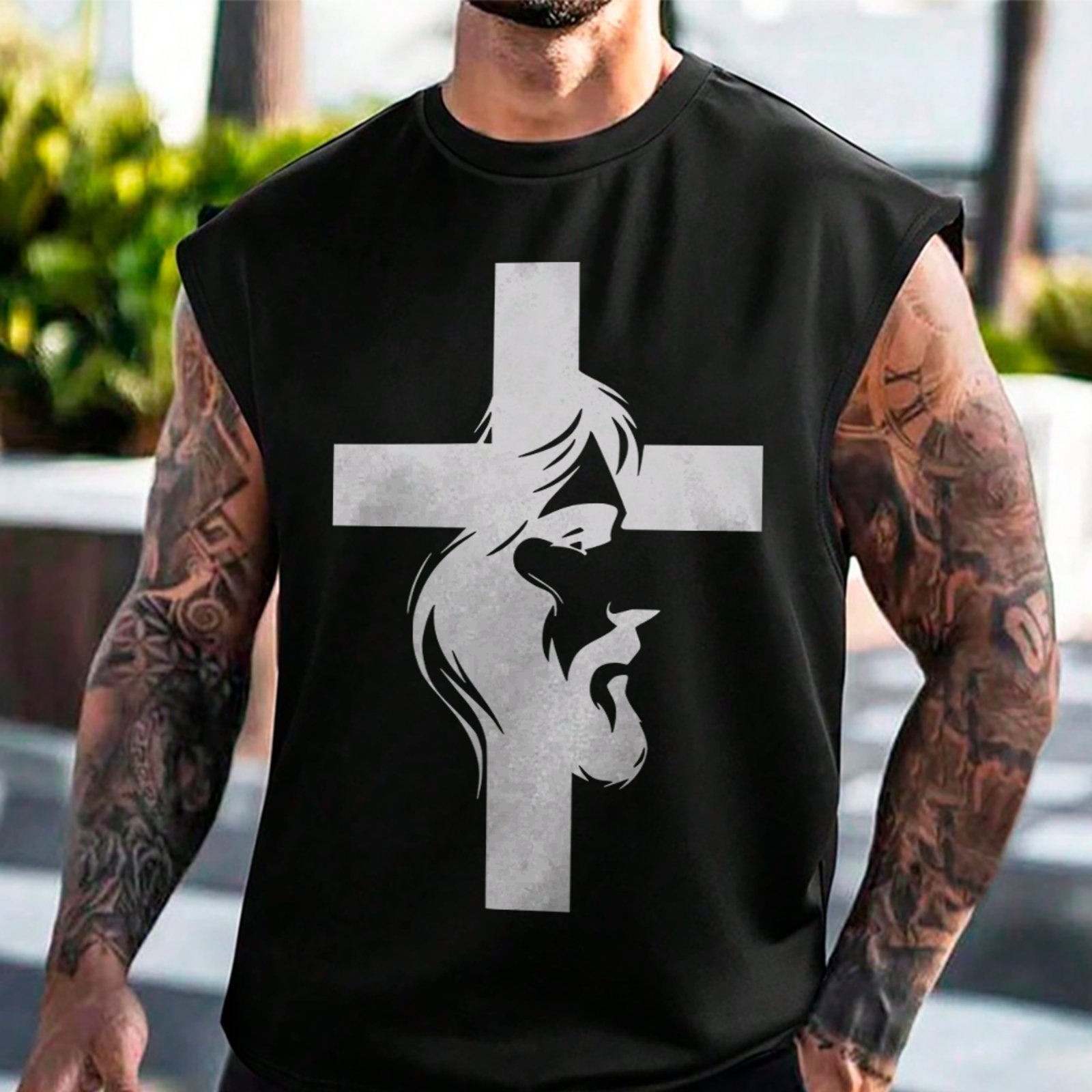 Camiseta Regata Machão Jesus Cruz Religioso Fé Cristã Preto