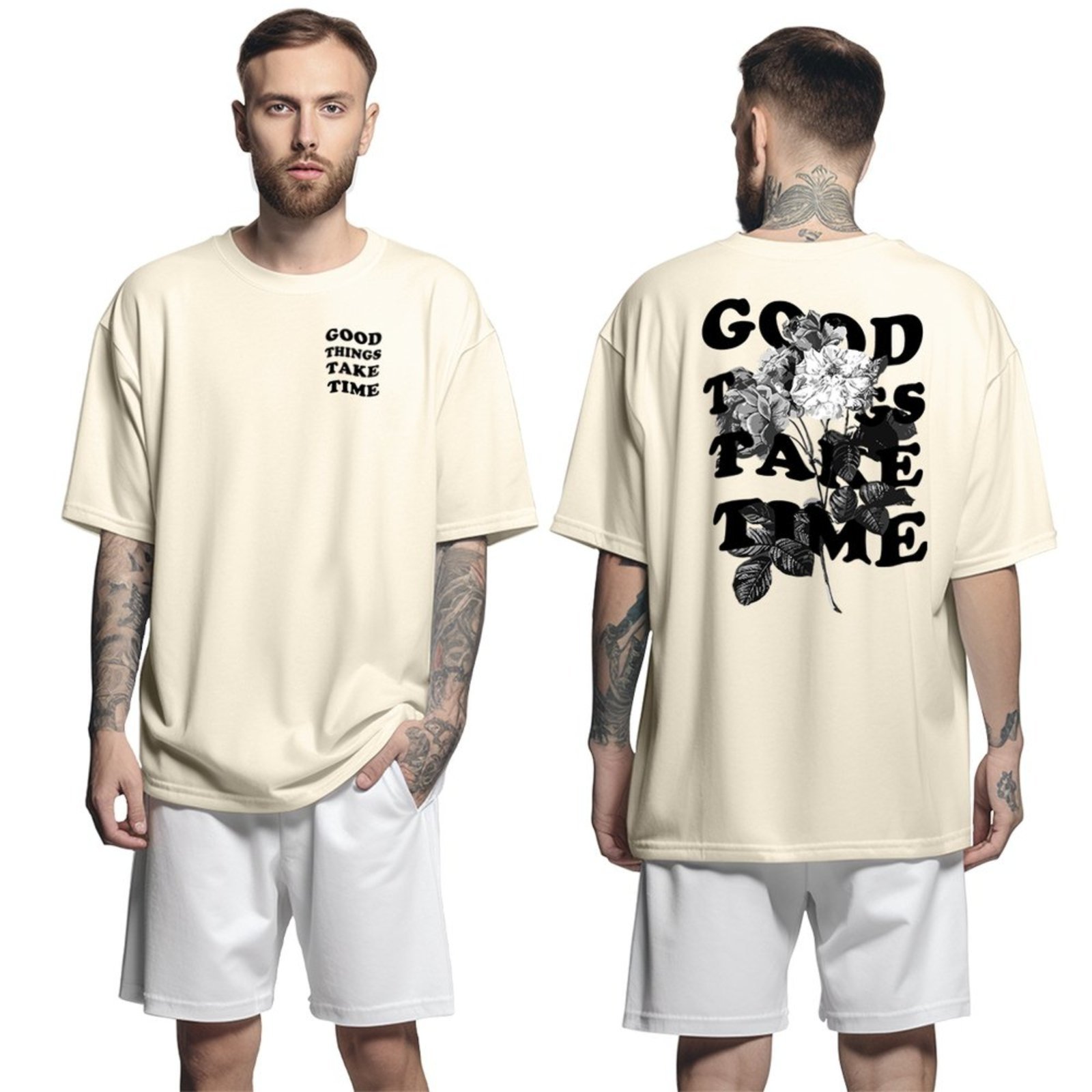 Camiseta Oversized Streetwear Genuine Grit Masculina Larga 100% Algodão 30.1 Good Things Take Time – Bege – P