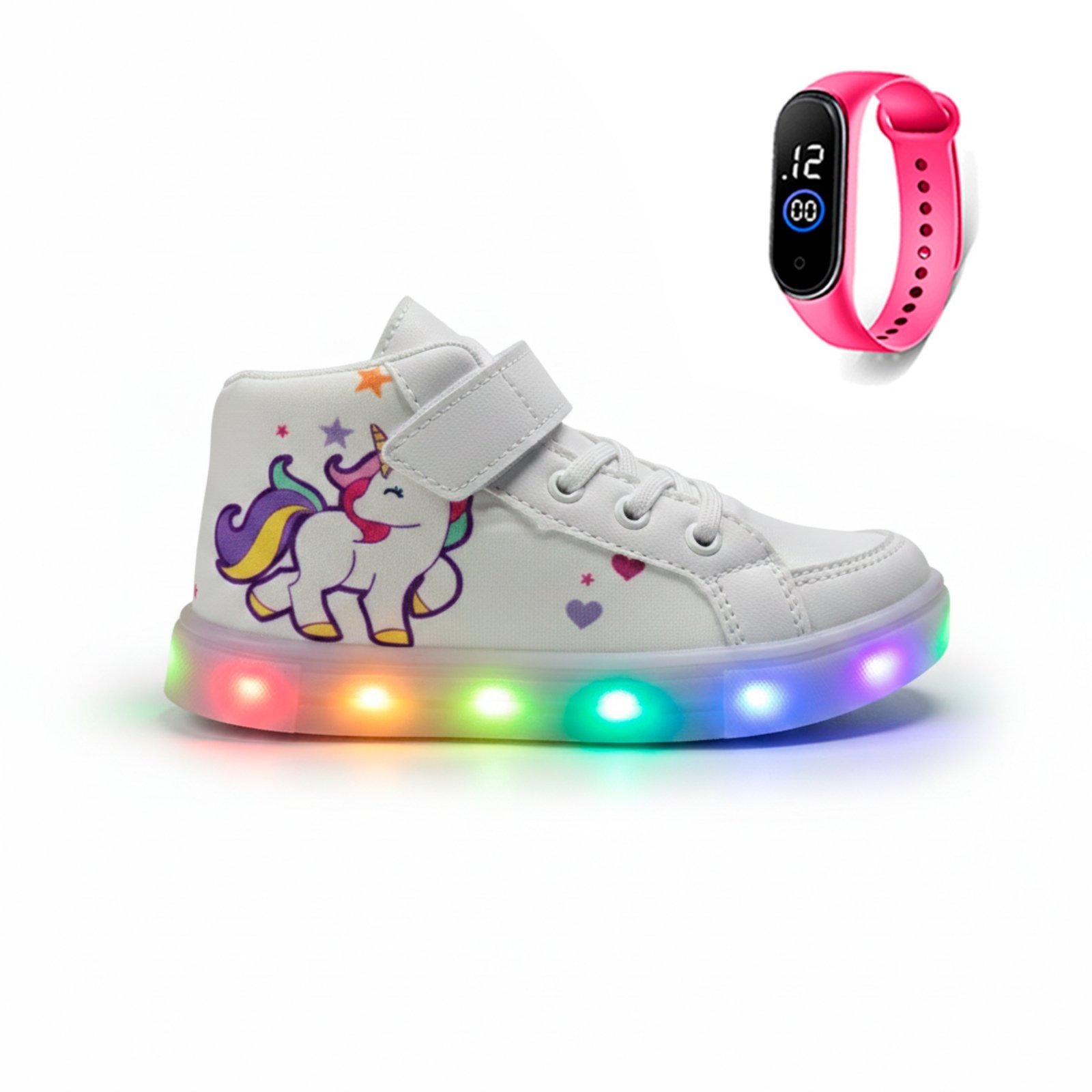 Vista 2 Infantil - Kit Tênis Botinha com Led para Meninas Casual Branca Unicórnio + Relógio Digital Inteligente CALCADOS LGHT LIGHT branco CALCADOS LGHT LIGHT branco