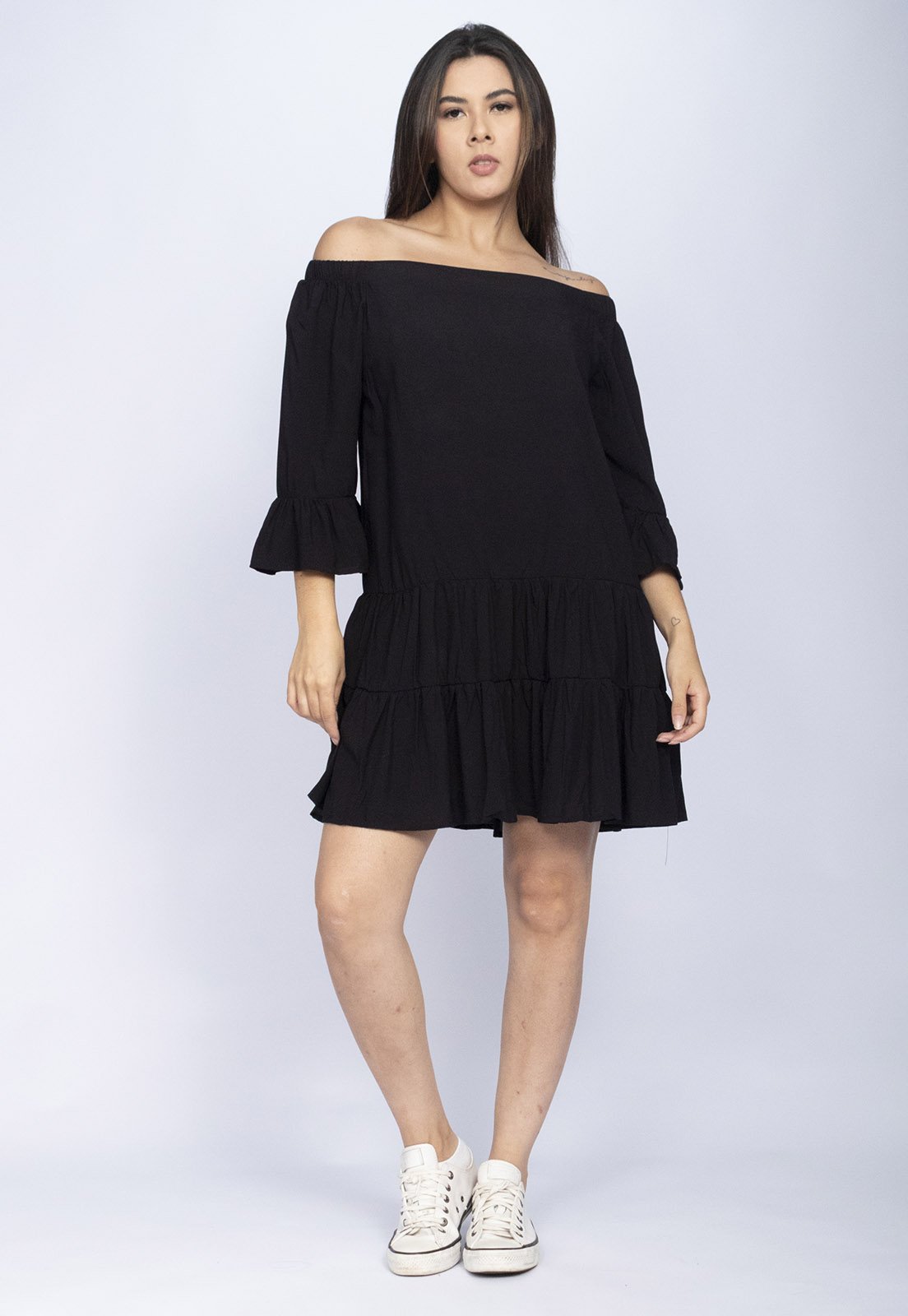 Vestido CabanaFree Curto Ombro a Ombro Jambo Viscose Preto