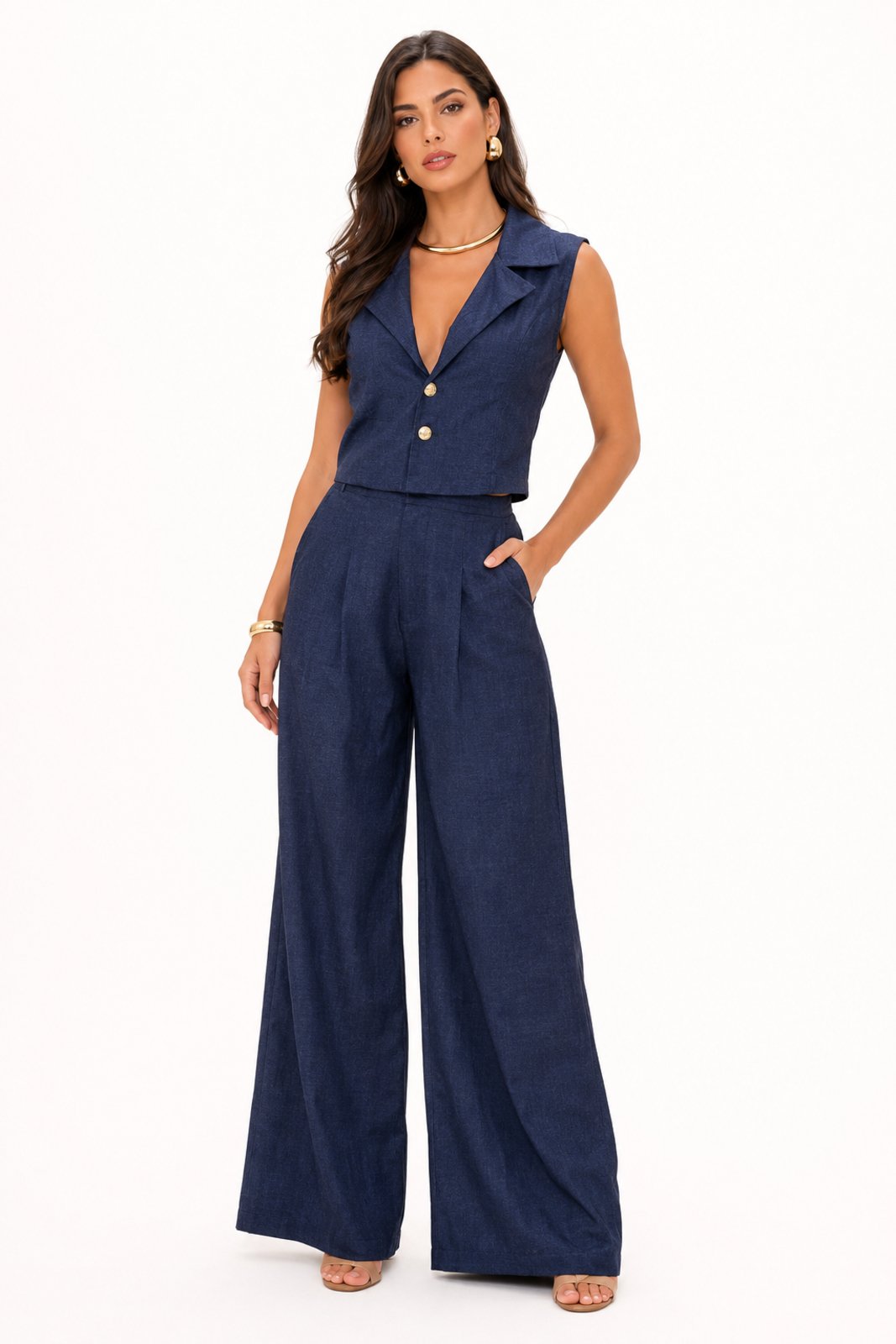 Conjunto Feminino D Bell Outlet Fashion Social Azul Escuro