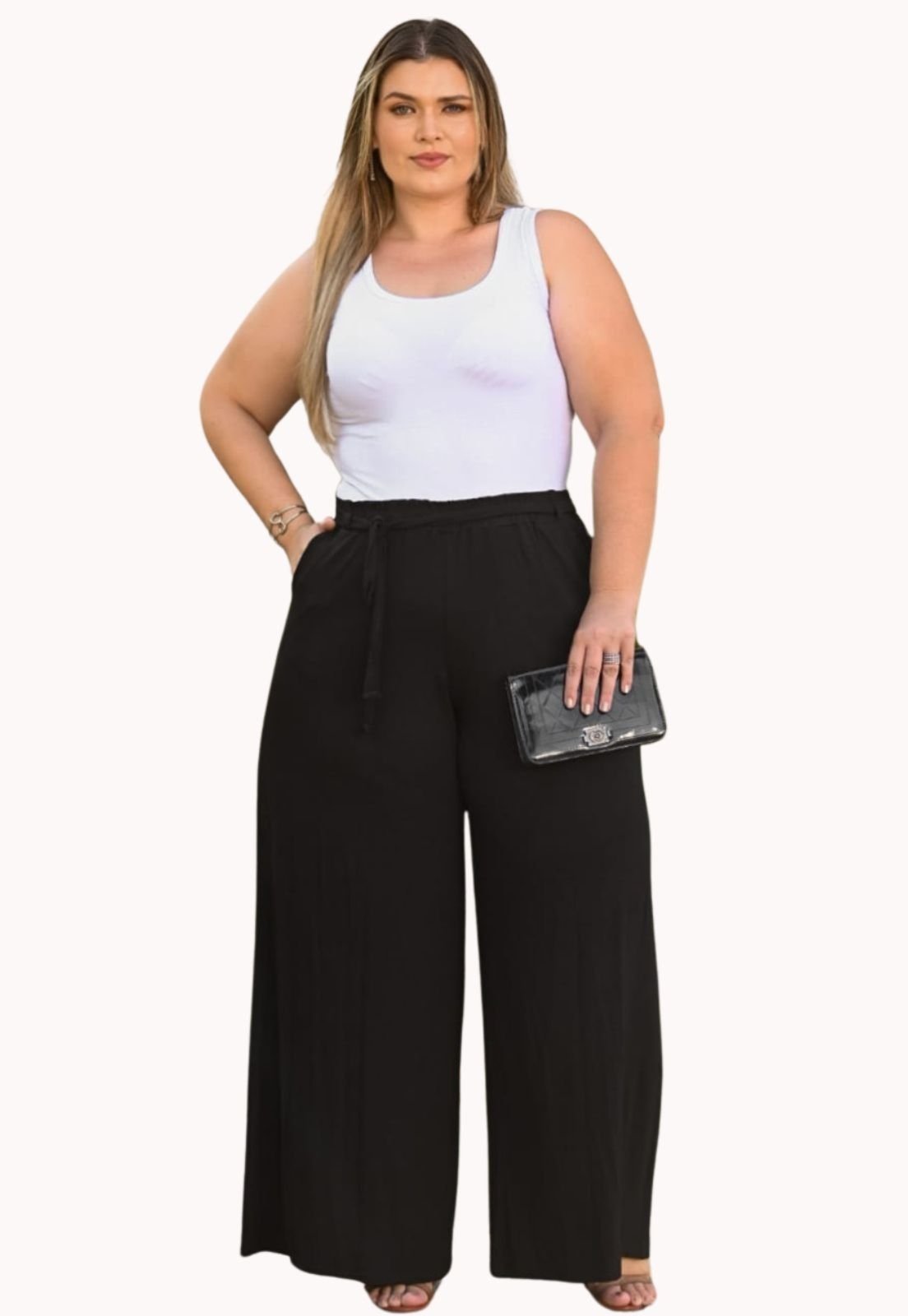 Calça Plus Size Pantalona Com Forro e Bolso Malha Premiun Juquitiba Brasil Preto