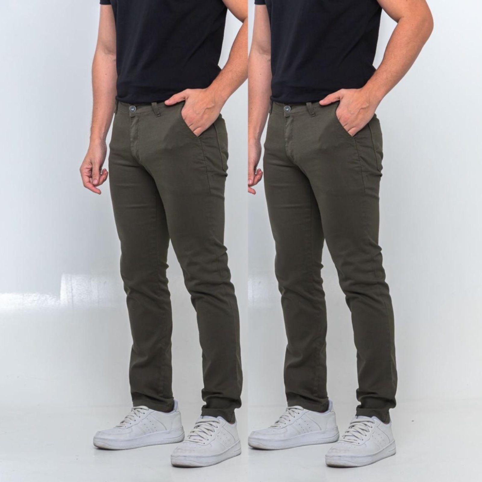 KIT 2 Calças Sarja Masculina Tempo Hábil Alfaiatada Skinny Verde Militar