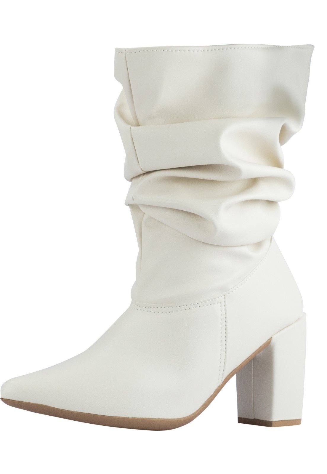 Bota Feminina Slouchy Lumiss Cano Médio Enrugado Confort Stretch Salto Alto Bico Fino Off White