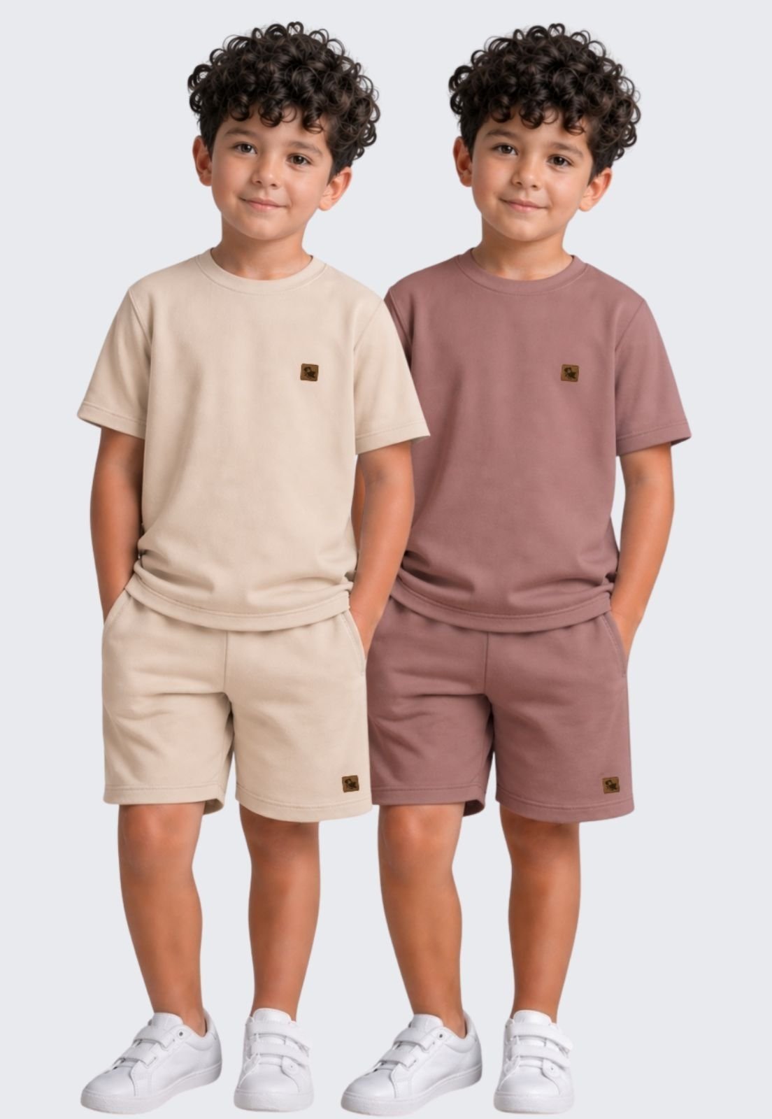 Infantil - Kit 2 Conjunto Menino Moletinho Bermuda e Camiseta Daze Modas Bege Marrom