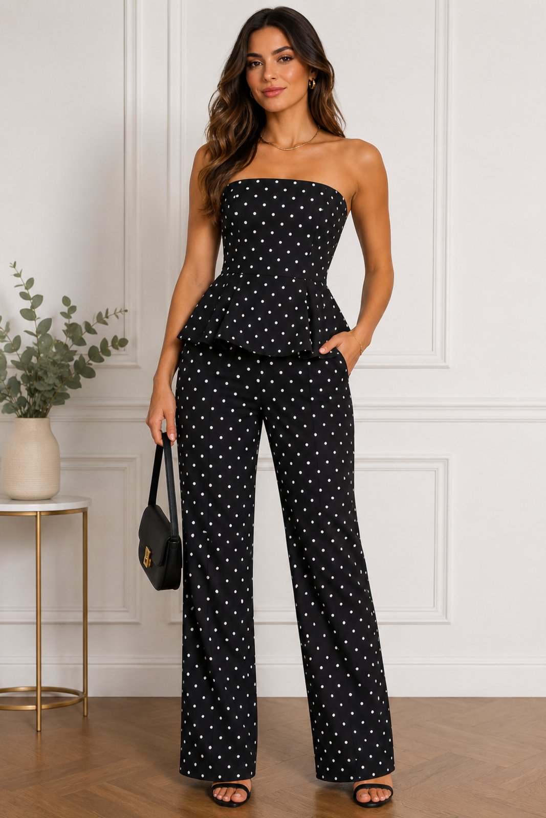 Conjunto Feminino Calça Cintura Alta Pantalona Poa Bolinha e Blusa com Babado com Bolinha Poa Preto
