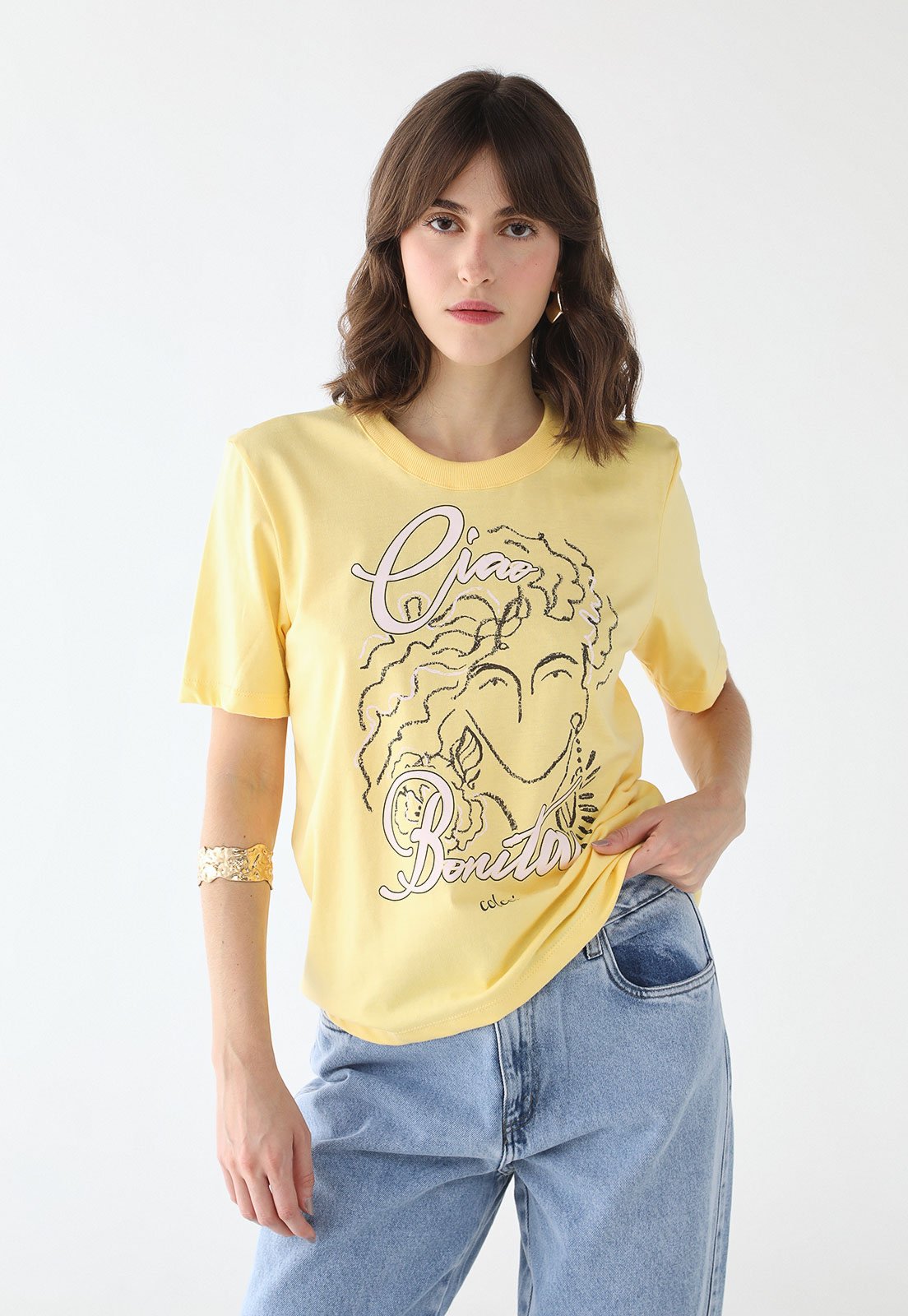 Vista 2 Camiseta Feminina Colcci Estampa Artística Amarela amarelo Colcci amarelo