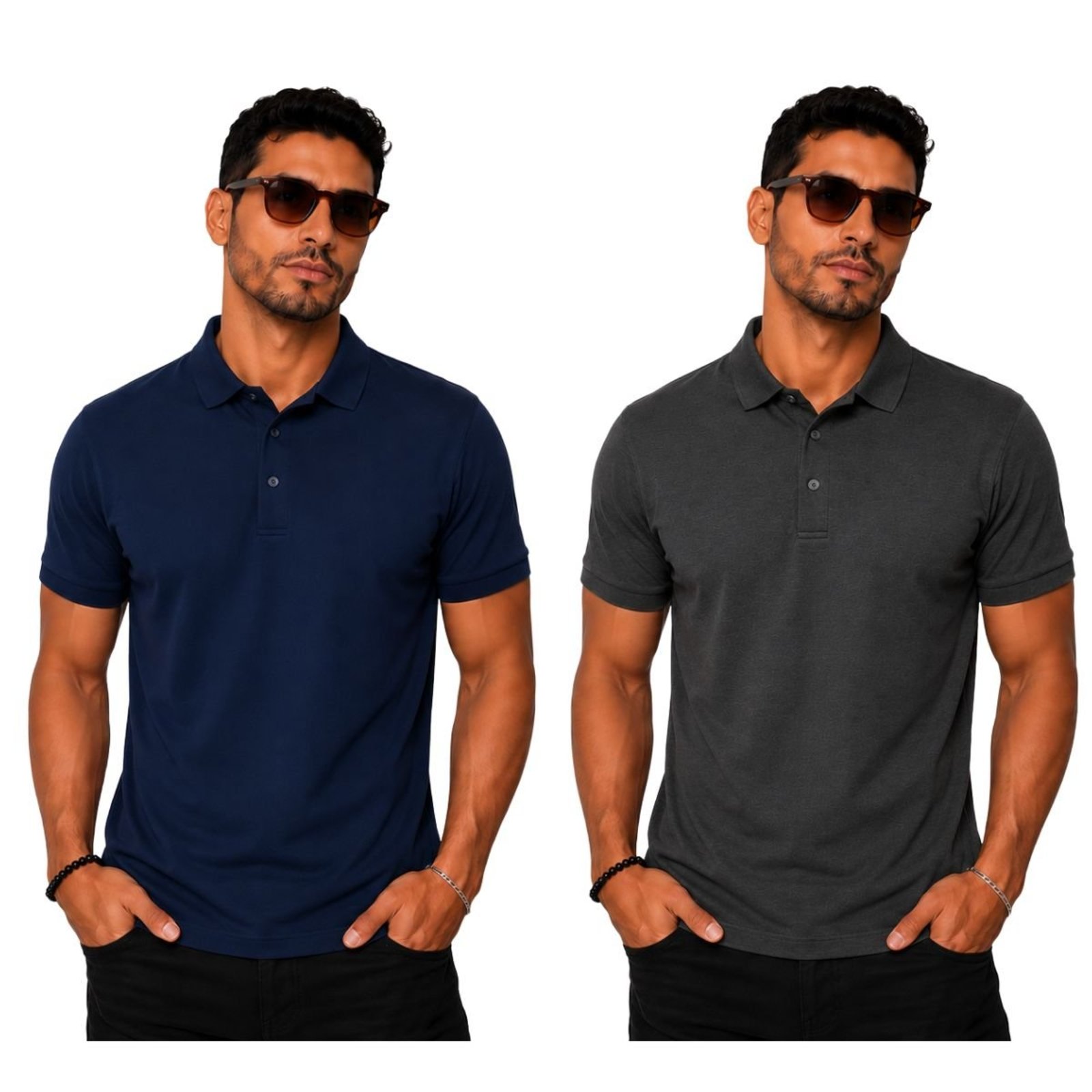 Kit 2 Camisas Polo Masculina Poliamida Premium Marinho e Chumbo Multicolorido