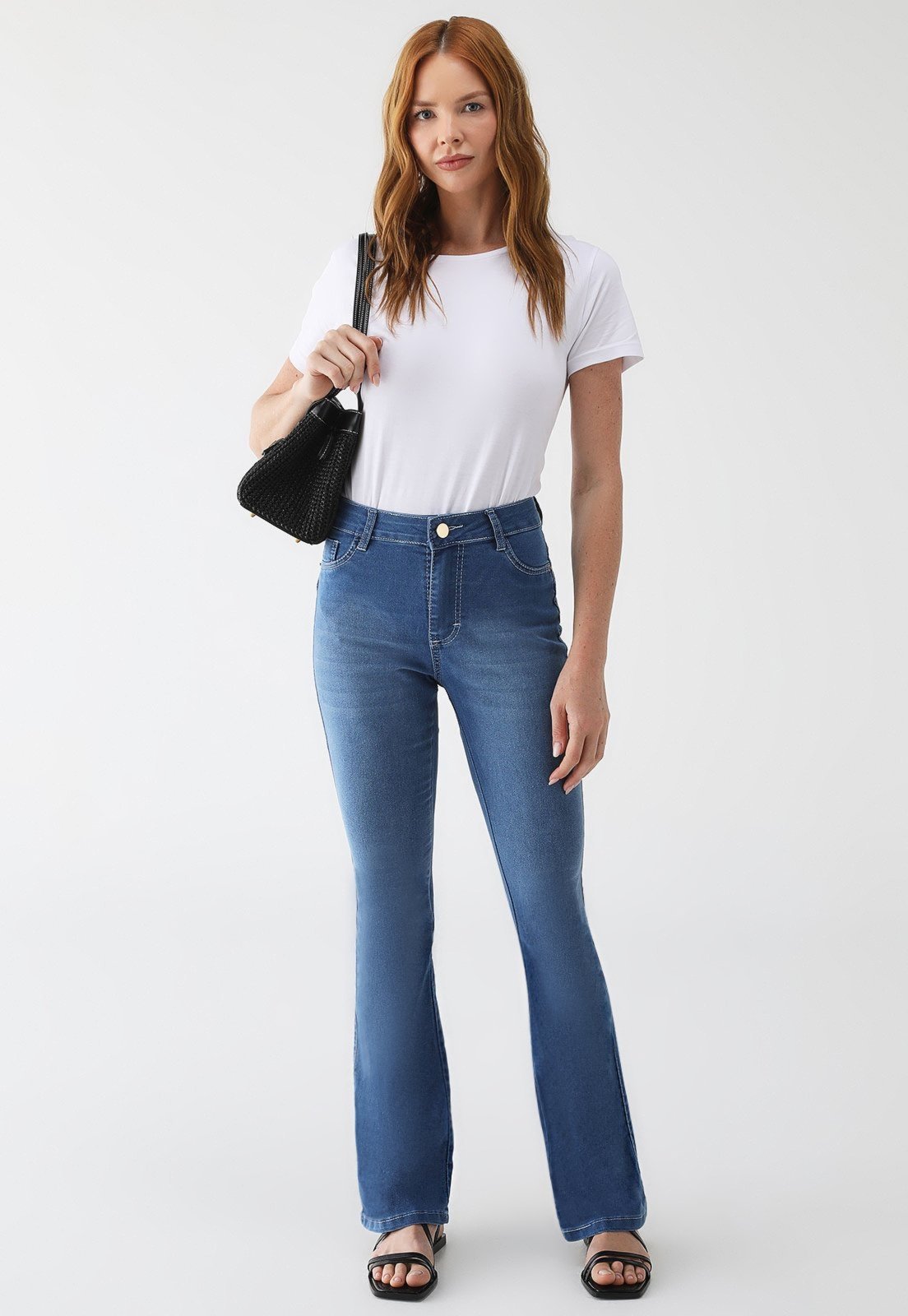 Calça Flare Feminina Tex Jeans Cintura Alta Modeladora com Elastano Azul Escuro e Estilo Sofisticado