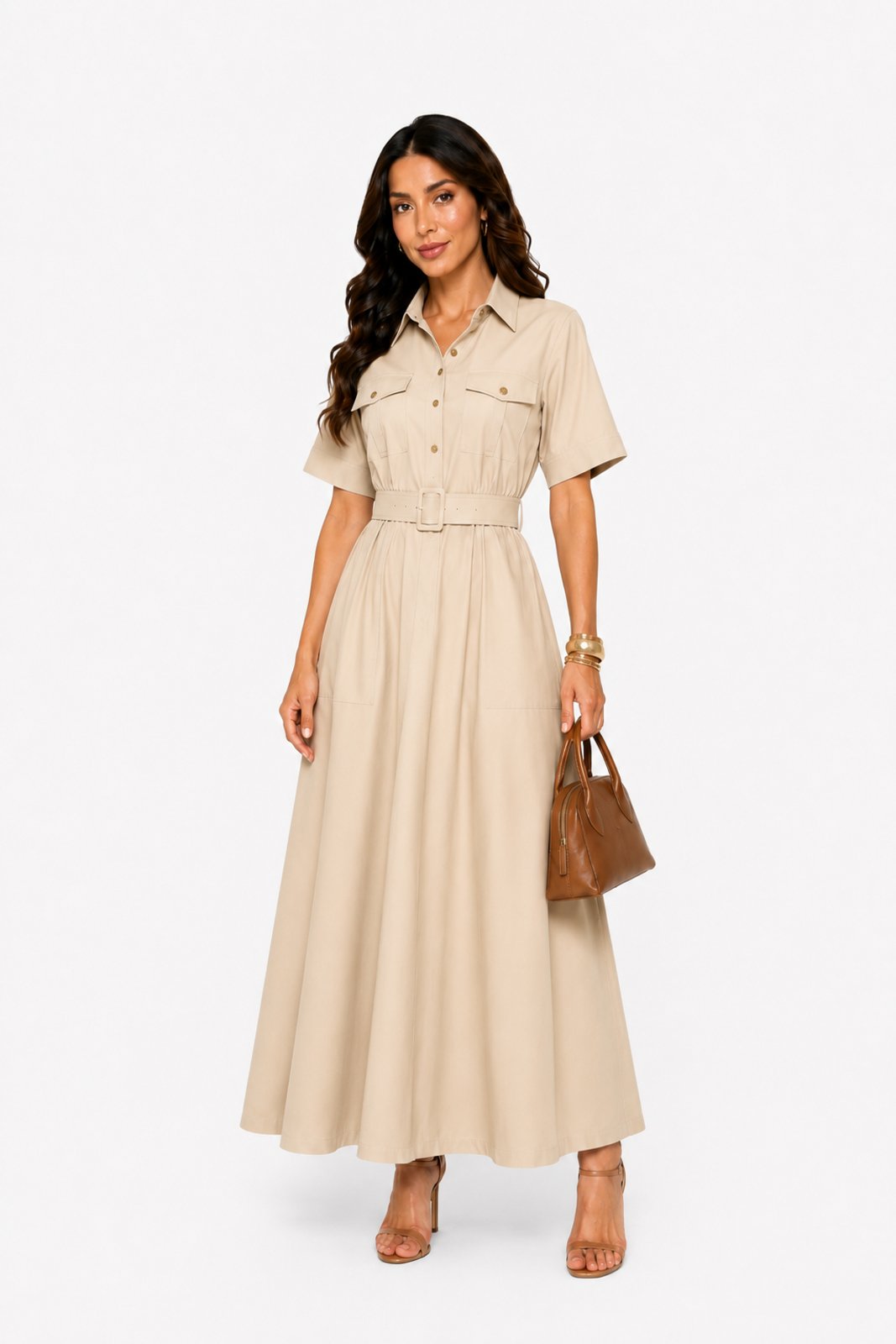 Vestido D Bell Outlet Fashion longo Gola Bege