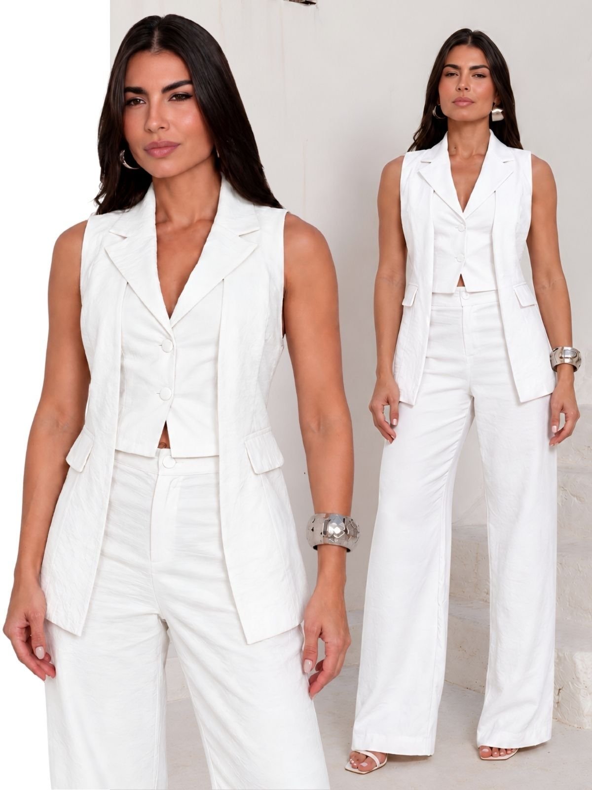 Conjunto Feminino Alfaiataria Colete Duplo Calça Elegante Clássico - Branco