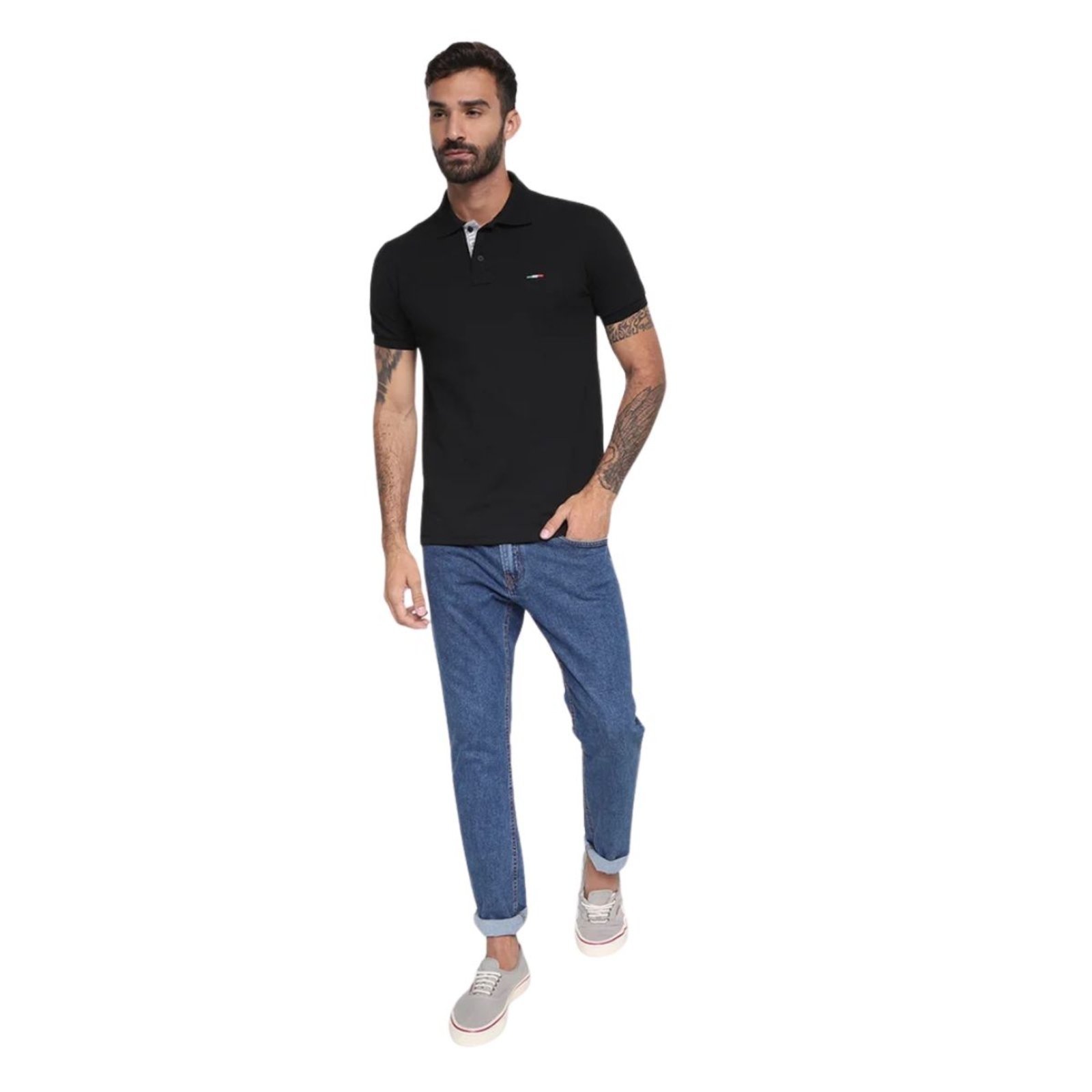 Camisa Polo FMF Masculina Básica Industrie Piquet no Estilo Tommy Bordado Itália Preto