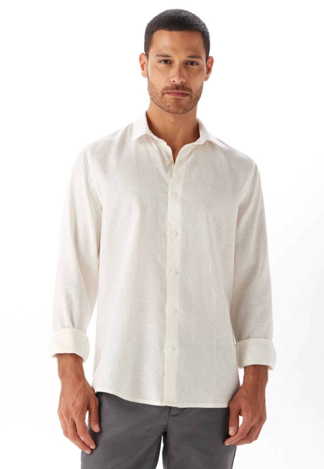 Camisa Slim de Linho Puro Traymon – OFF WHITE – XGG